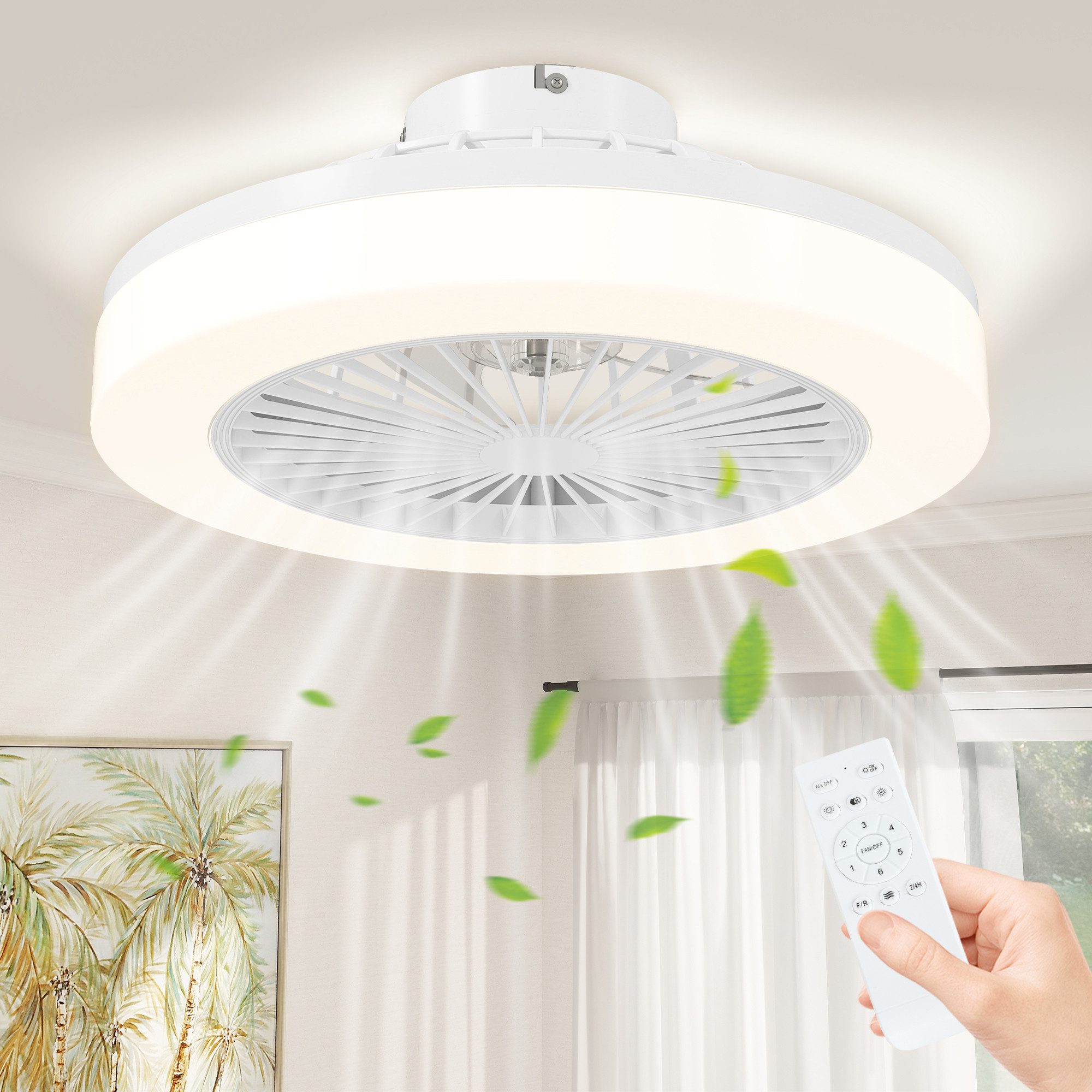 Deckenventilator LED-Deckenventilatorleuchte mit 3 Farben, 6 Geschwindigkeiten, Timer