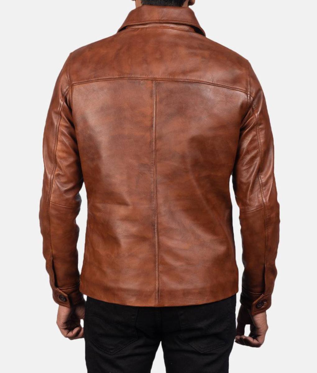 Mens Brown Shirt Collar Leather Jacket