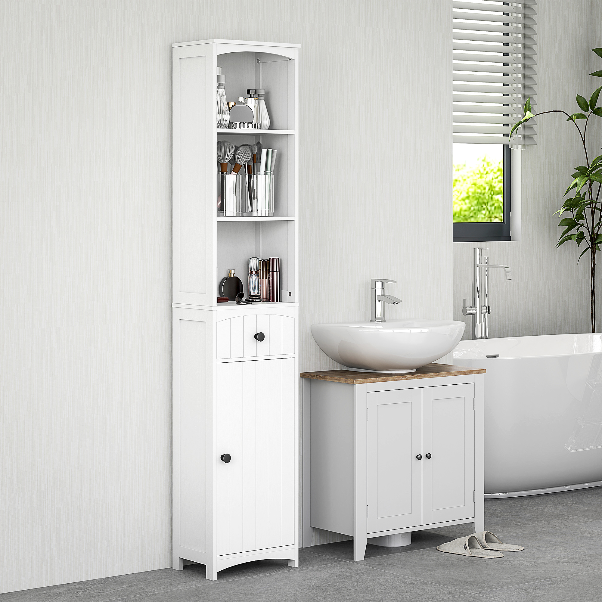 HOMCOM Badezimmerschrank mit 3 Regalen, 1 Schublade, robust, MDF, Weiß