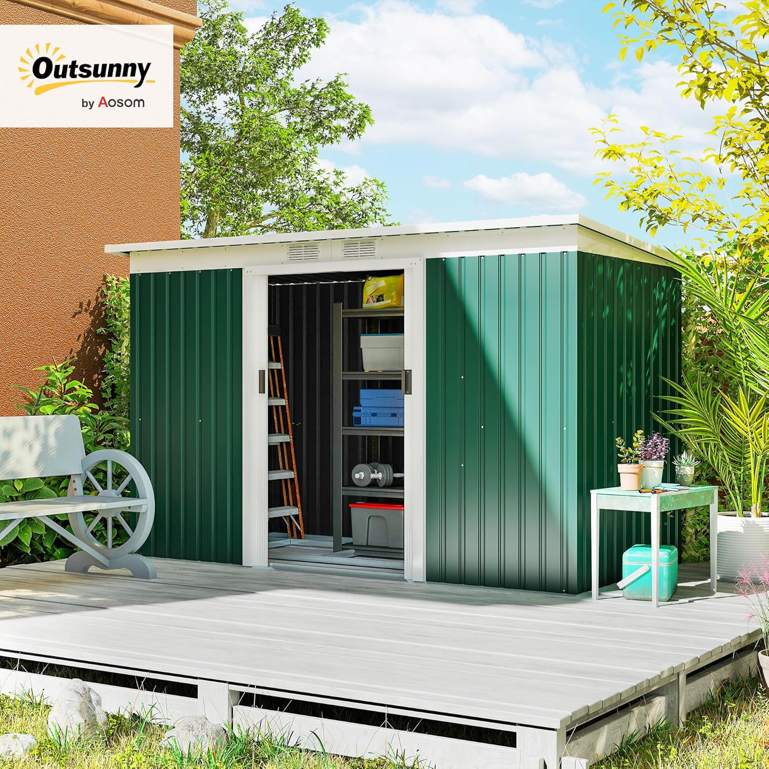 Outsunny Casetta da Giardino 3.2m² in Acciaio Zincato con Kit Fondazione, Prese d'Aria, Capanno Porta Attrezzi con Tetto Inclinato, Doppia Porta Scorrevole Bloccabile, Verde Scuro