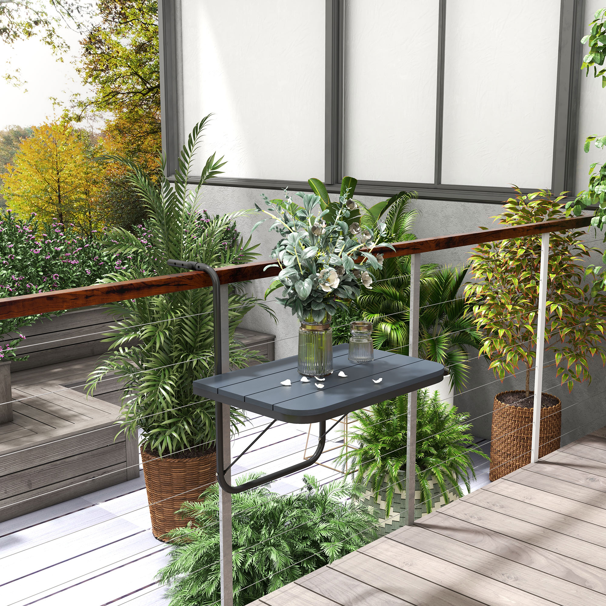 Outsunny Balkon-Hängetisch, klappbar, höhenverstellbar, Alumiumrahmen, Kunststoff-Tischplatte, Holzoptik, Schwarz