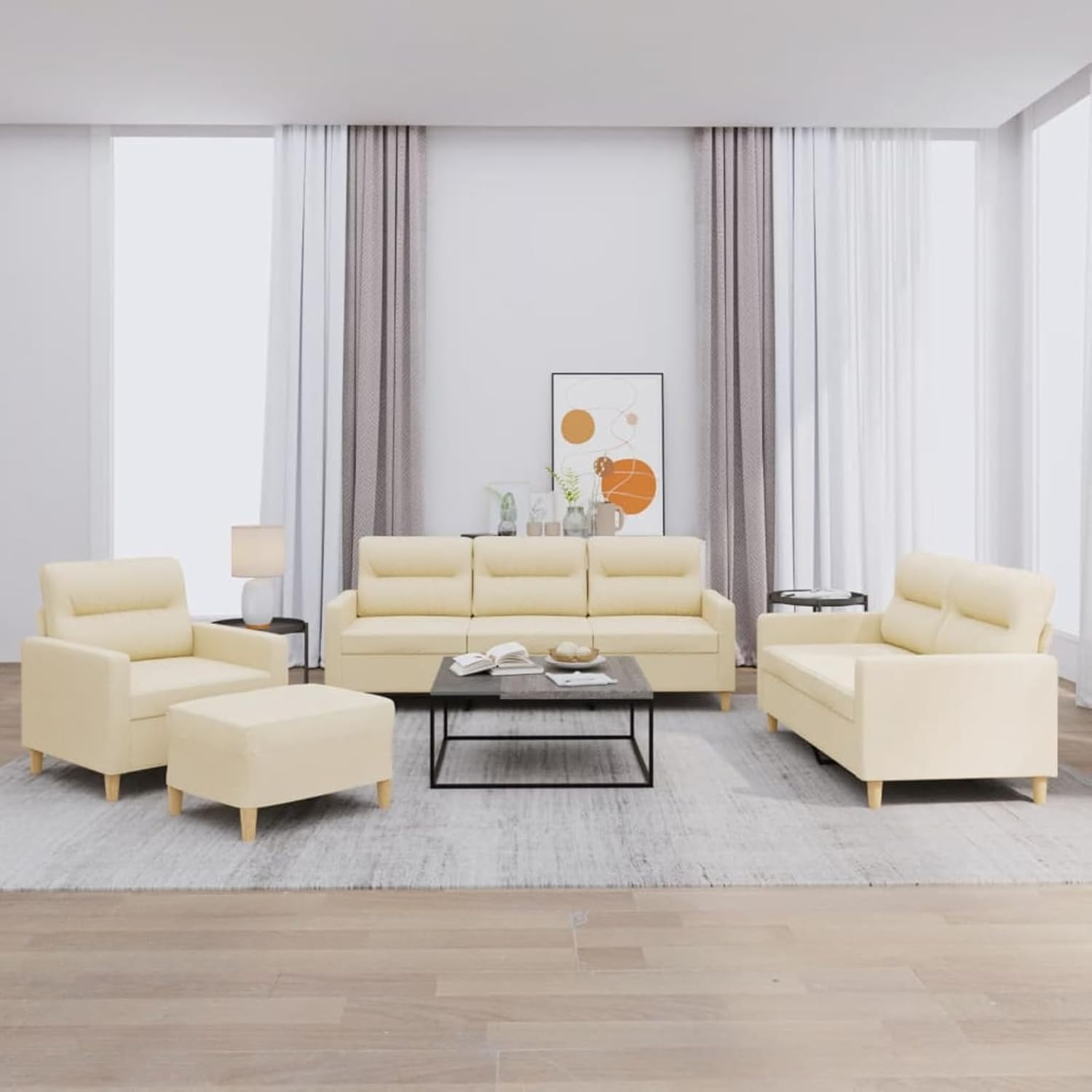 Set Divano 3/2 Posti con Poggiapiedi, Tessuto Crema Resistente, Imbottitura in Gommapiuma, Design Moderno per Salotto, 6 Cuscini Inclusi, Assemblaggio Richiesto