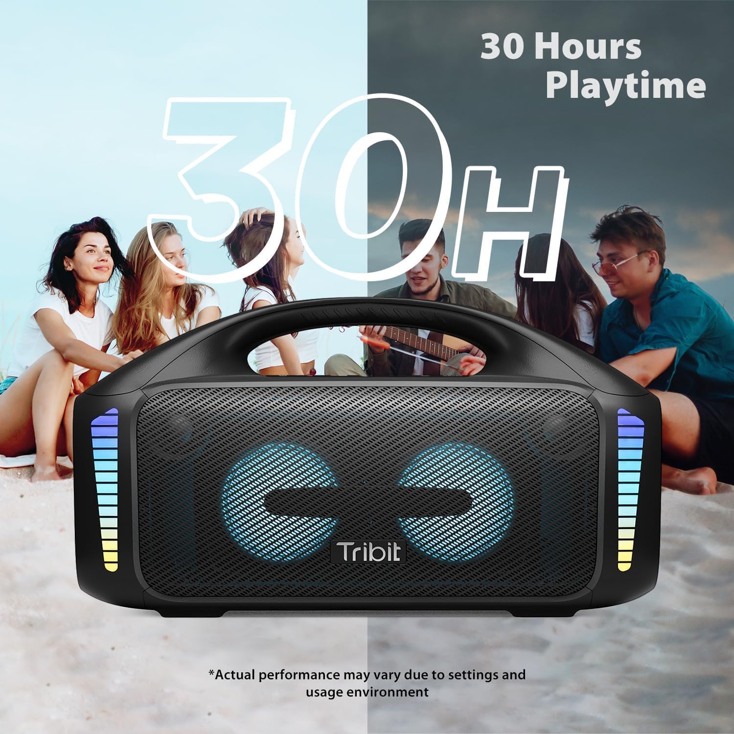 Tribit Bluetooth Lautsprecher StormBox Blast,Tragbarer Party Lautsprecher 90W Lauter Stereo Sound mit XBass LED-Lichtshow Bluetooth 5.3,Wasserdichter IPX7,TWS,30 Stunden Spielzeit für Draußen