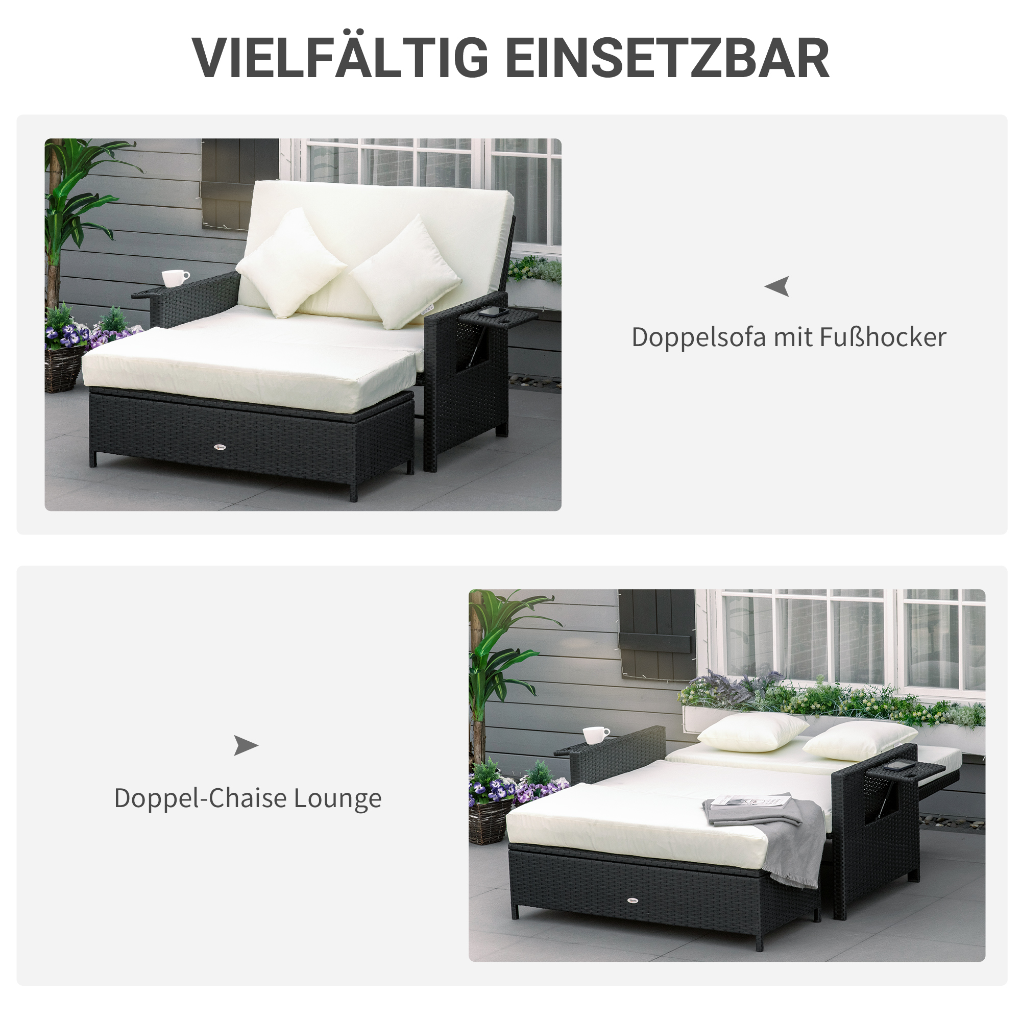 Outsunny Poly-rotan loungebank 2-zits set ligstoel kruk bruin