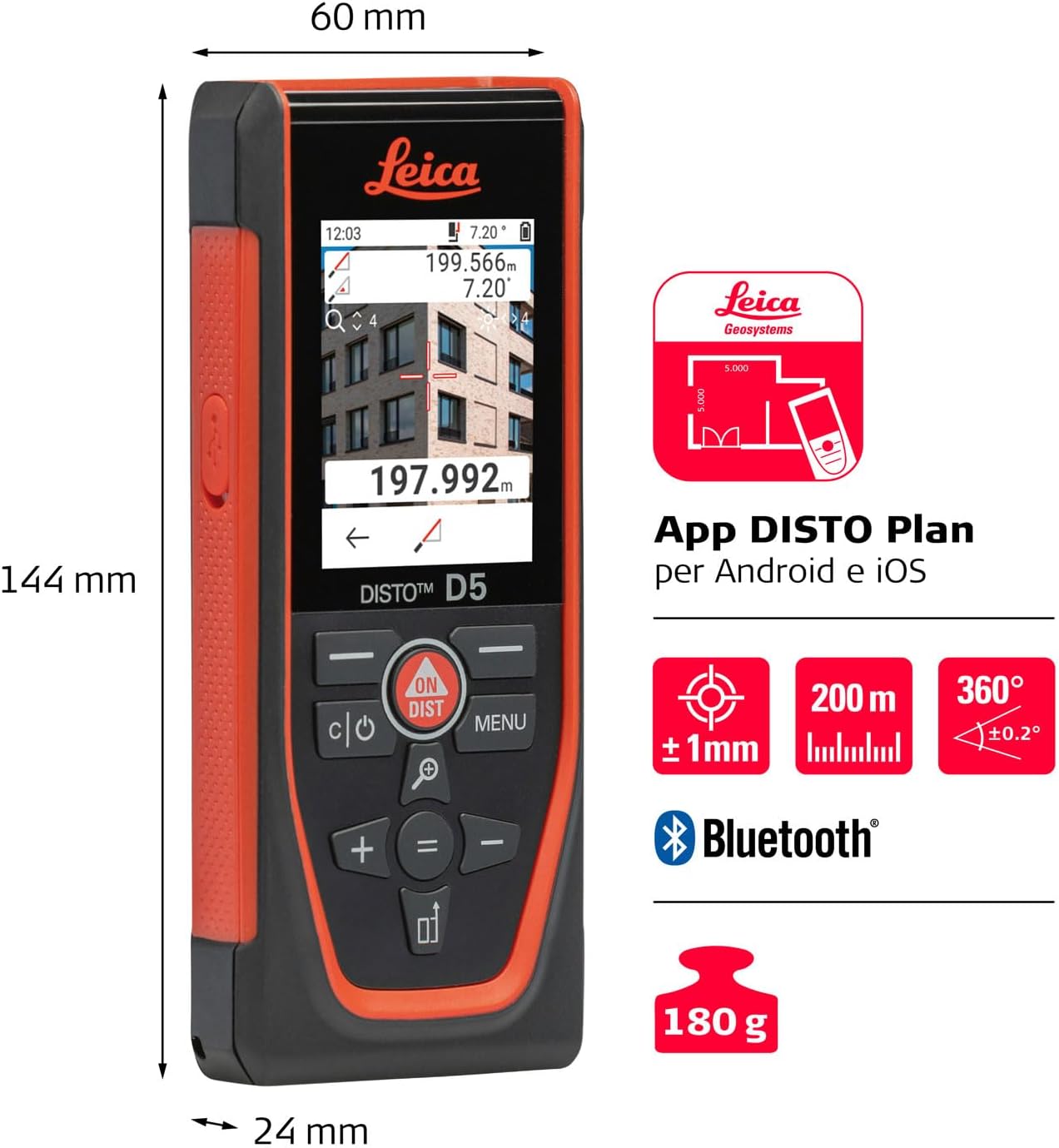 Leica Disto D5, Metro Laser Professionale con Bluetooth, Uso con App, Mirino, Uso Esterno e Interno, e Sensore d'Inclinazione per Tracciamento dell'Altezza, Profilo e Misurazione dell'Angolo