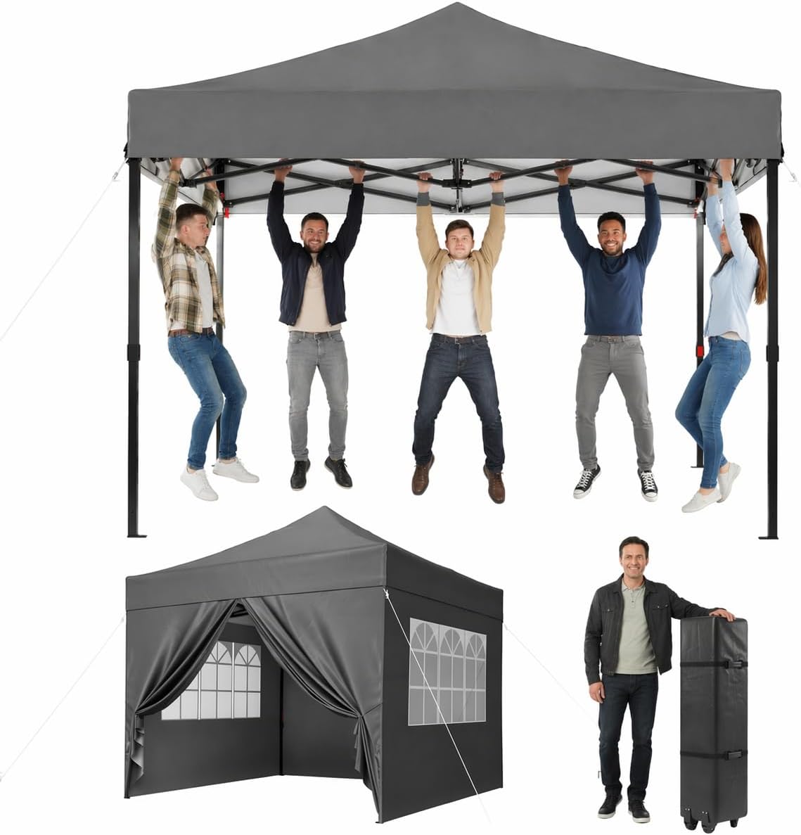 Aoxun Faltpavillon 3x3m Wasserdicht Stabil, Pop Up Pavillon mit Seitenwänden, UV-Schutz 50+ Gartenzelt Inkl. Rolltasche, Sandbags, Partyzelt Fuer Camping, Strand, Hochzeit und Outdoor Shelter, Grau