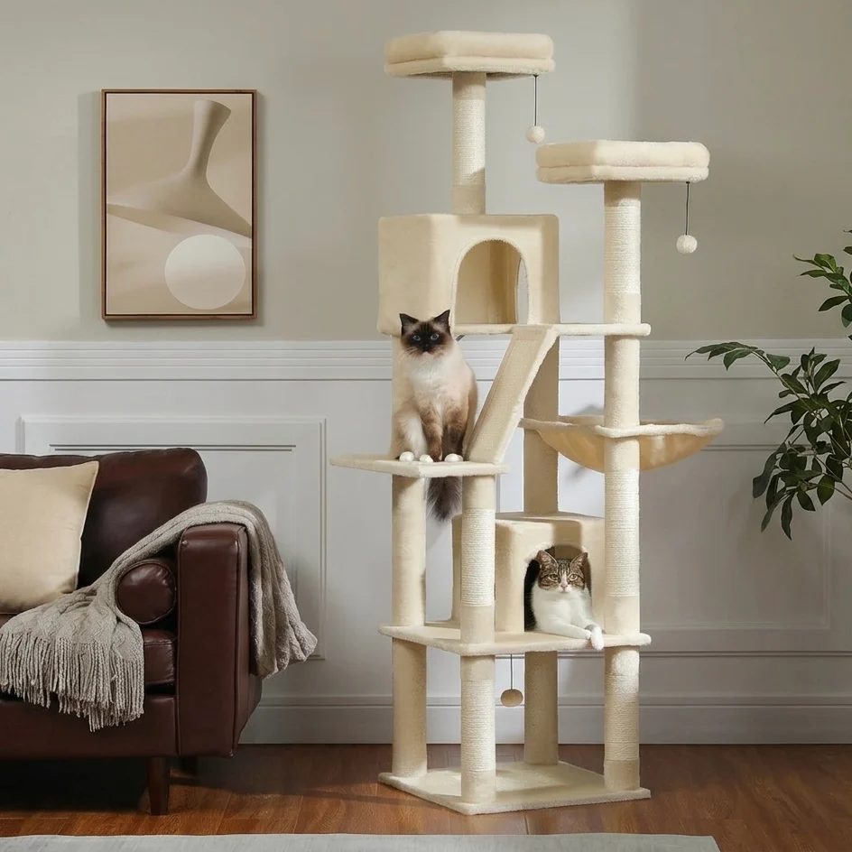 Large Cat Tree �C Multi-Level with Sisal Posts, Hideaway & Hanging Toys
