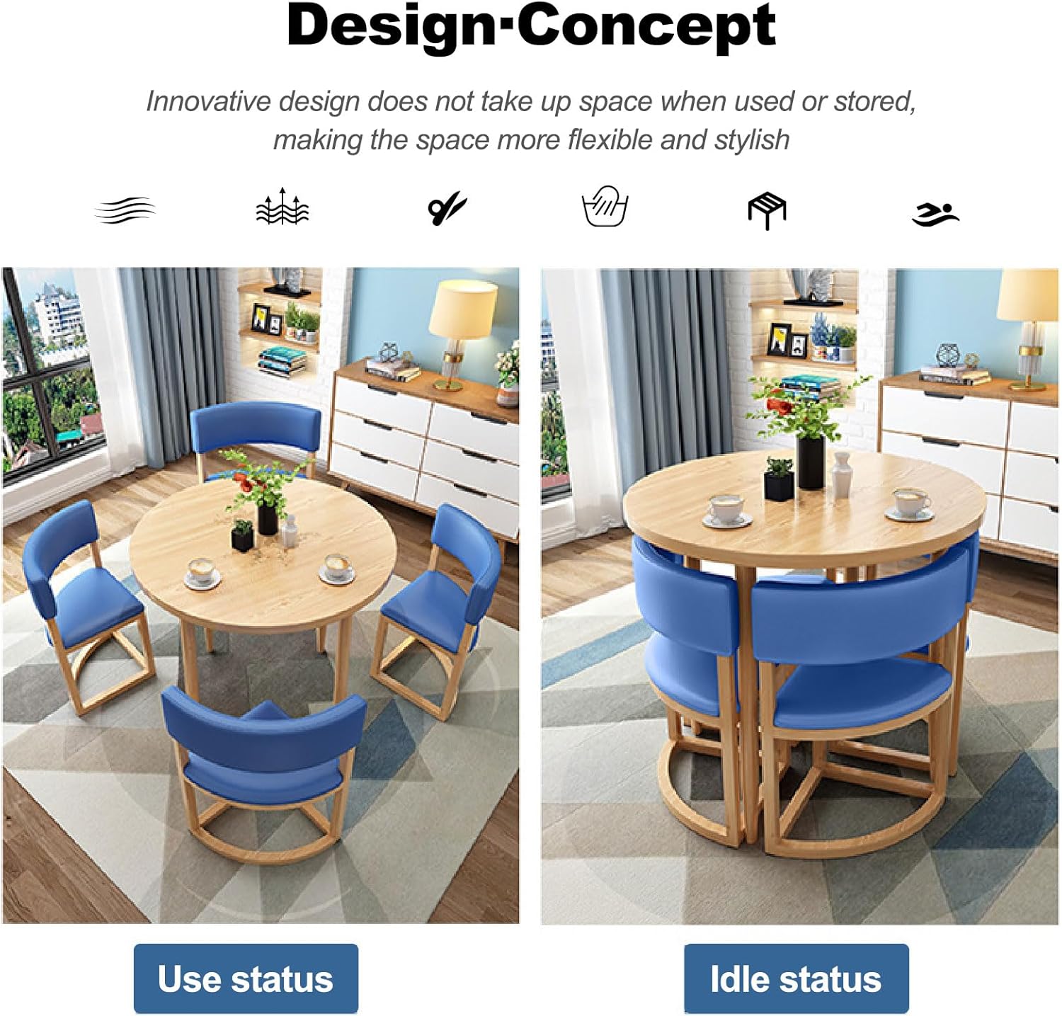 Set di 5 pezzi tavolo da pranzo in legno con piano in finto marmo e sedie imbottite, perfetto per sala da pranzo, sala conferenze, reception, colore grigio