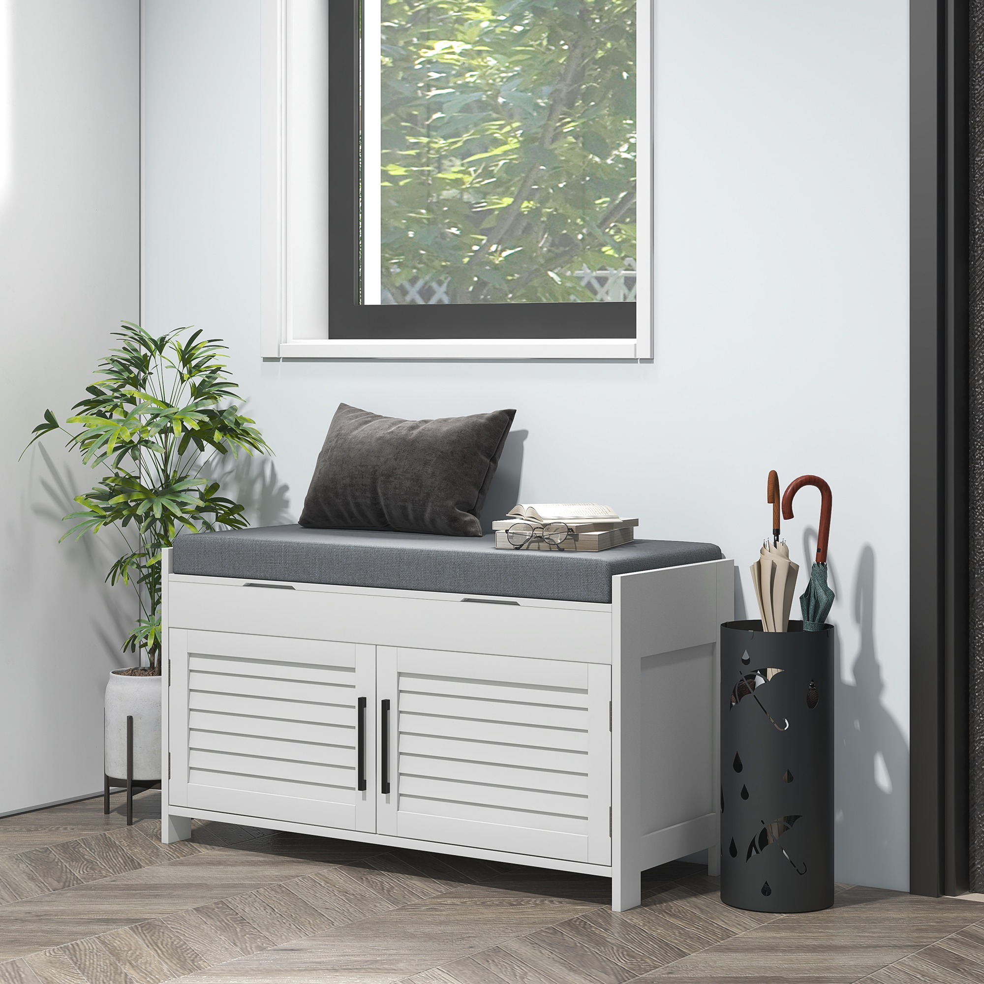HOMCOM Schuhbankschrank mit herausnehmbarem Innenboden, MDF und ähnlichem Leinen, 90x36x50 cm, Weiß und Grau