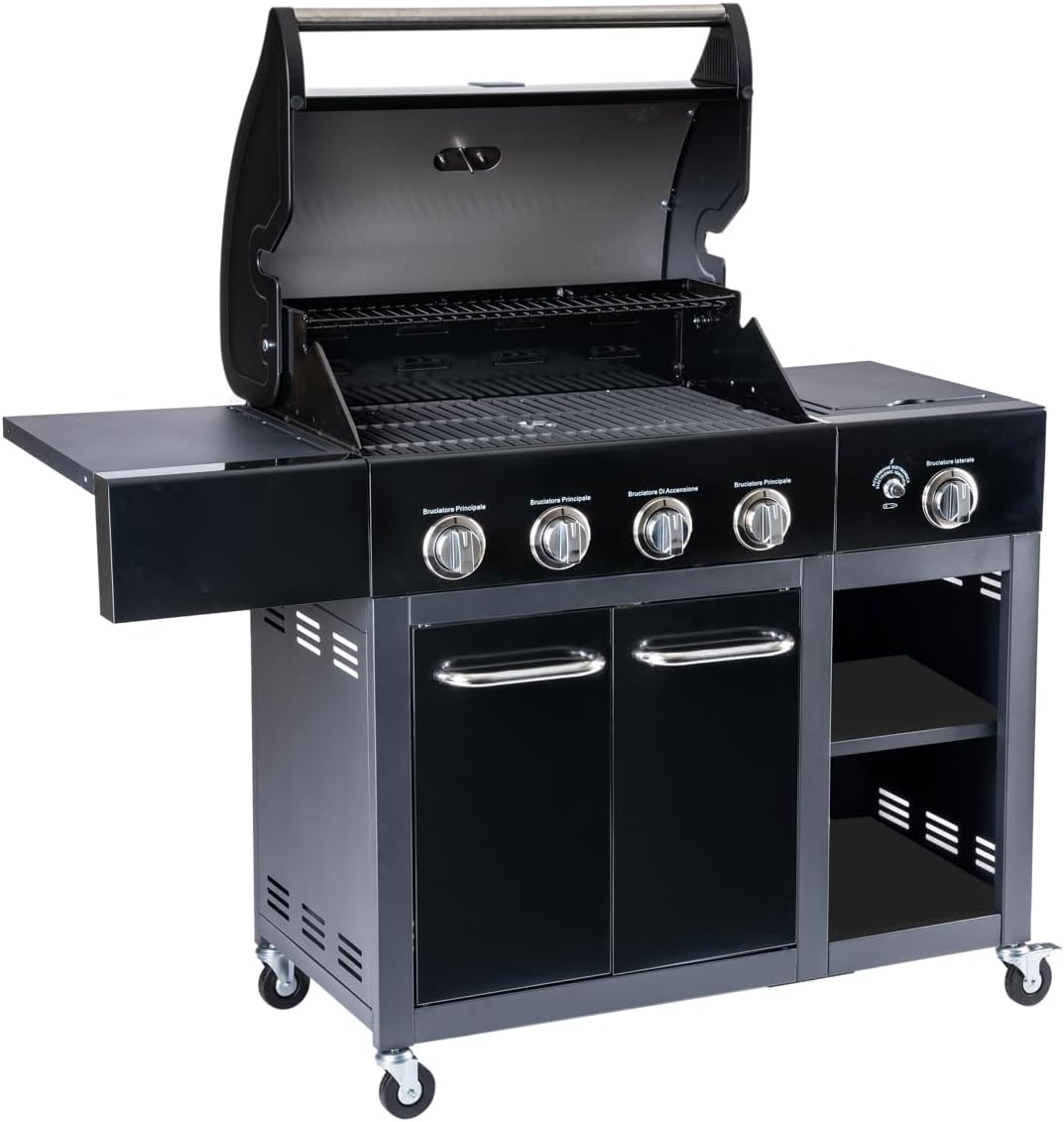Barbecue a Gas Professionale XXL Con 5 Fuochi Multifunzione Da 16 KW, Completo Di Bruciatore Laterale, Coperchio, Termometro, Griglia In Ghisa, Ruote, Portabombola E Struttura In Acciaio Inox