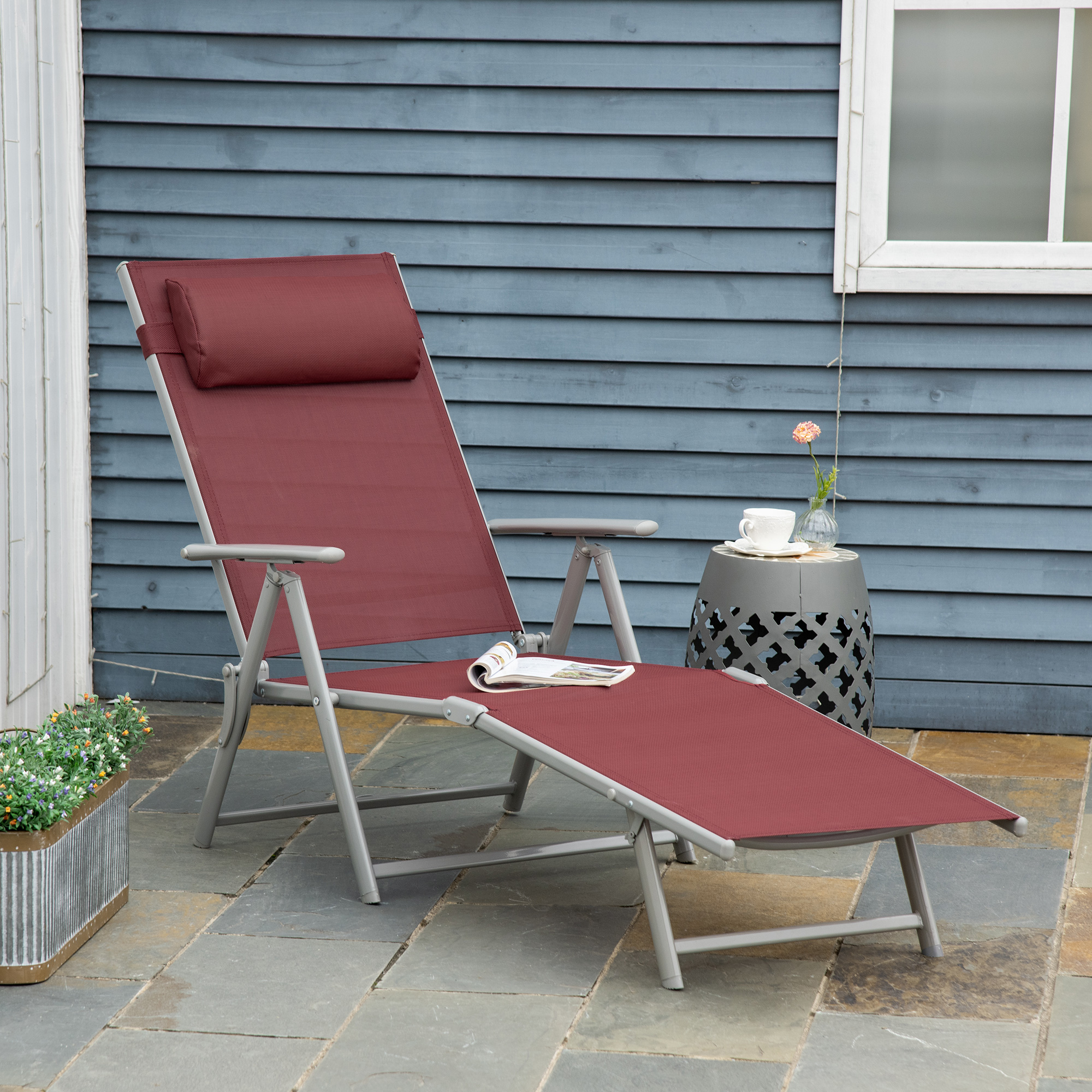 Outsunny Sonnenliege, 5-stufig neigbare Rückenlehne, mit Kissen, klappbar, rostfreies Metallgestell, 137 x 63,5 x 100,5 cm, Rot