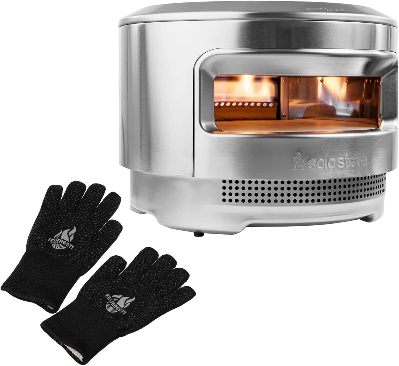 FEUERGOTT Pizzaofen, Braun, Solo Stove Pi Set, Outdoor mit Grillhandschuhen, Holzofen und Gasbrenner, tragbarer Edelstahlofen