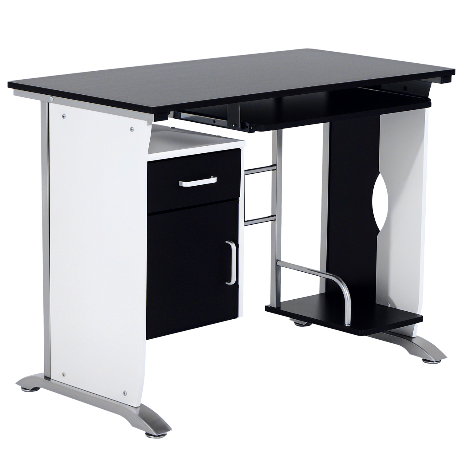 HOMCOM Computertisch mit 1 Schublade, 1 Schrank, 1 Tastaturablage, Schreibtisch. Bürotisch, MDF Weiß+Schwarz+Silber