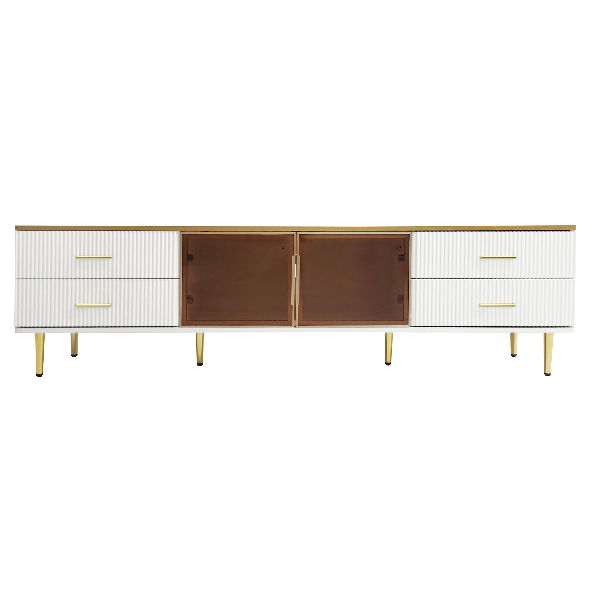 TV-Schrank in Marmoroptik mit LED-Beleuchtung, 4 Schubladen und 2 Türen aus gehärtetem Glas, vergoldete Griffe, Modernes Design für Wohnzimmer, Weiß und Gold