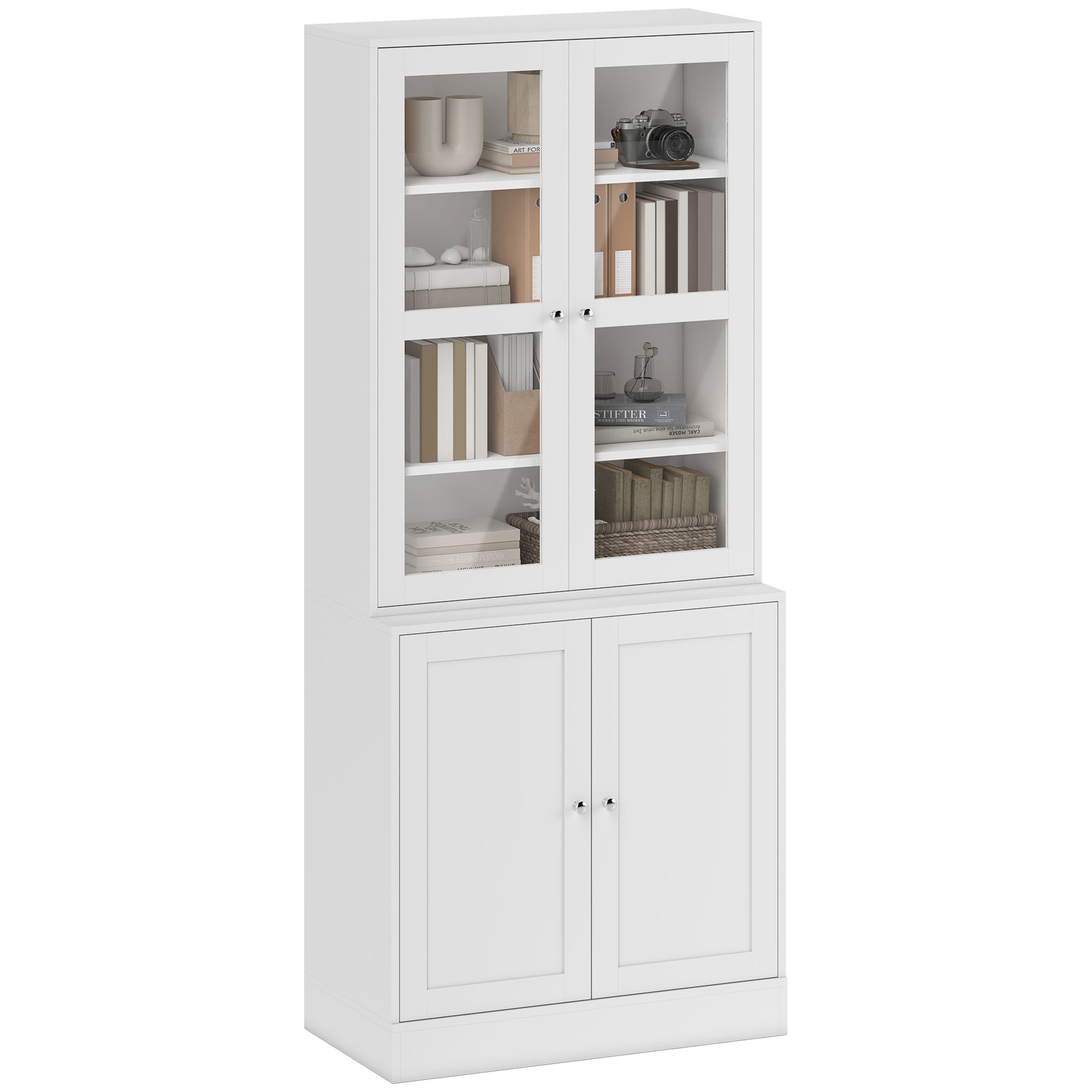 HOMCOM Bücherschrank 178,5 cm Hochschrank Vitrinenschrank mit Glastür 6 Fächern Küchenschrank für Wohnzimmer Büro Arbeitszimmer Küche Weiß