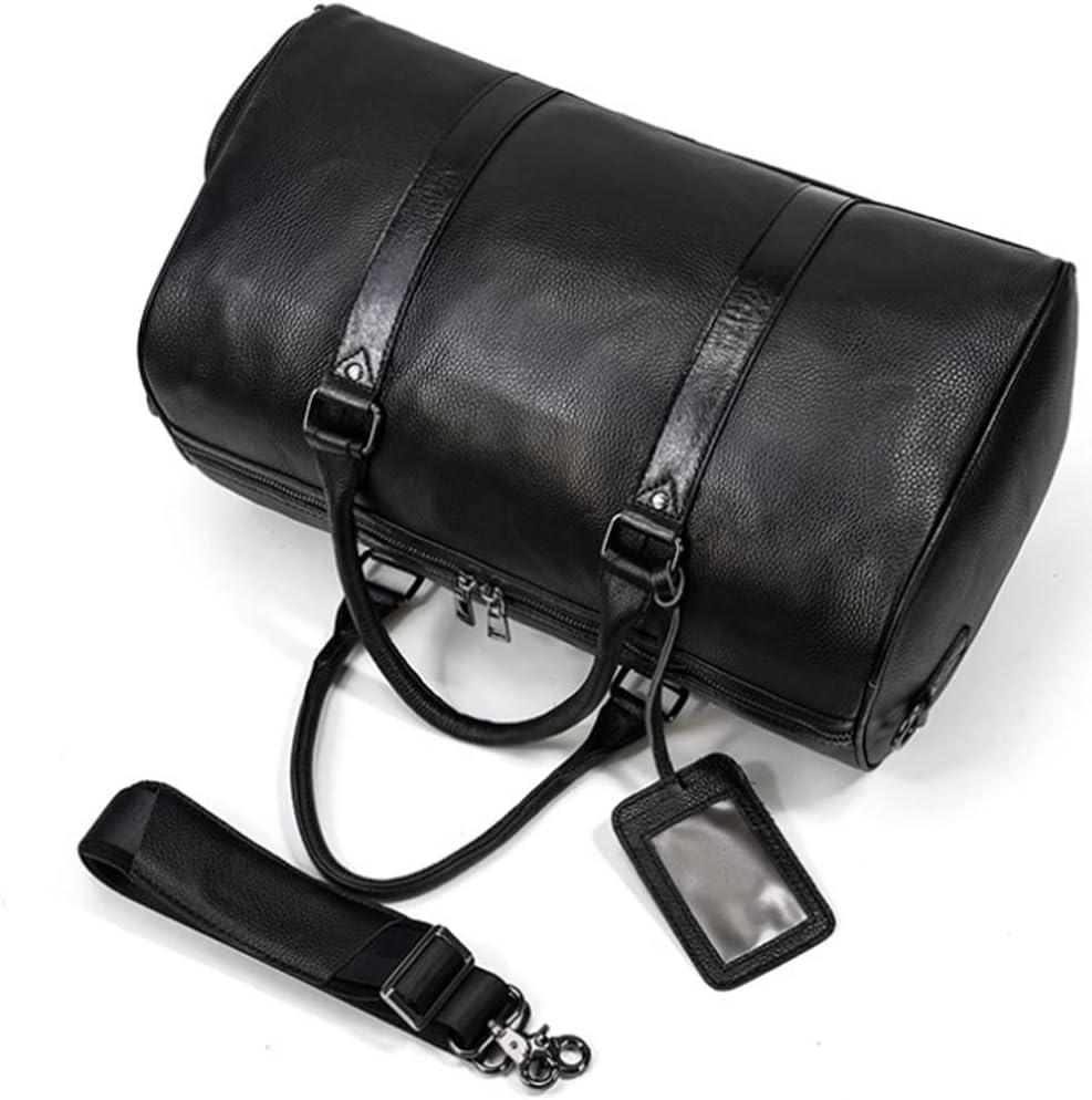 Herren-Reisetasche, Herren-Reisetasche aus echtem Leder, Retro-Handtasche, große Kapazität, Sporttasche, Platz-Gepäcktasche, mit Schuhposition 18 Zoll, Schwarz, Einheitsgröße