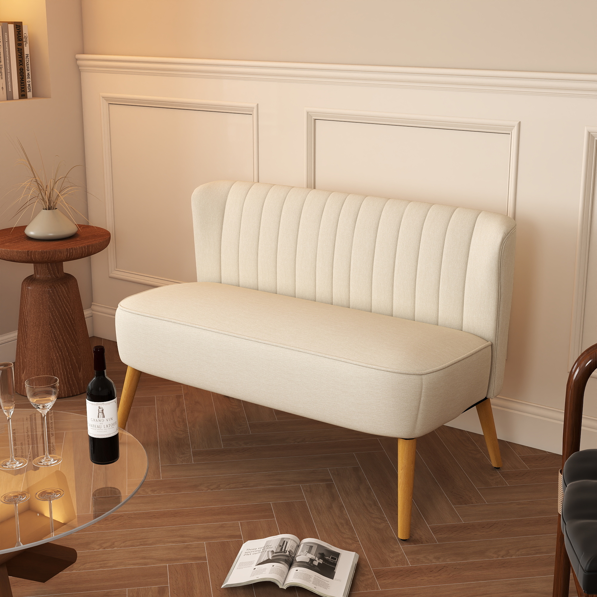 Sofa Retrodesign 2-zitsbank, houten poten, 117 cm x 56,5 cm x 77 cm, Wit