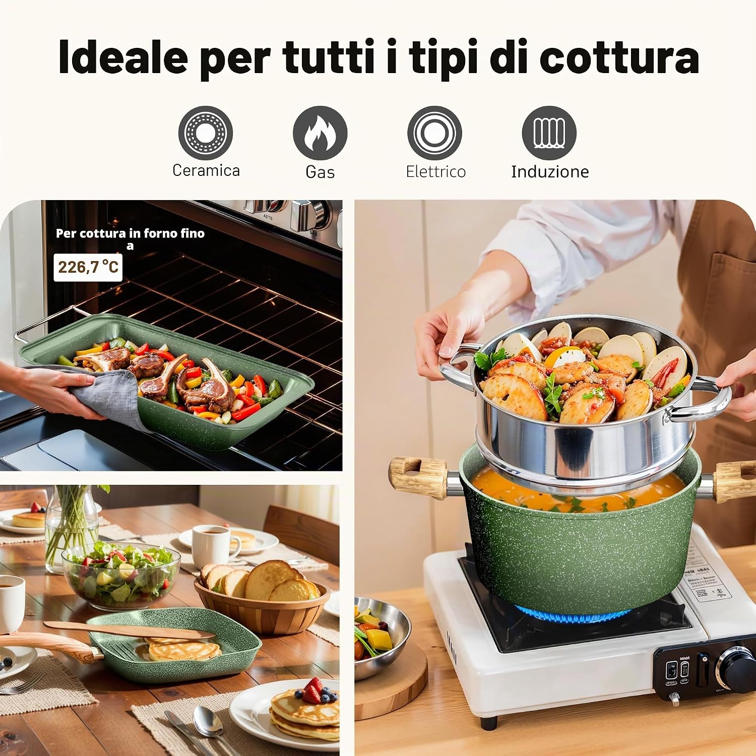 Kitchen Academy Set di Pentole e Padelle a Induzione, 17 Pezzi, Verde