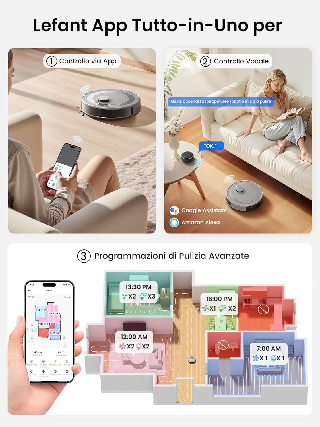 Lefant Robot Aspirapolvere con 2200Pa, Senza Grovigli,7,6cm Ultra Sottile,Autocaricante,Wi-Fi/App/Alexa,120 Minuti,6 Modalit脿 di Pulizia,Ideale per Peli di Animali Domestici,Pavimenti Duri M210-Pro