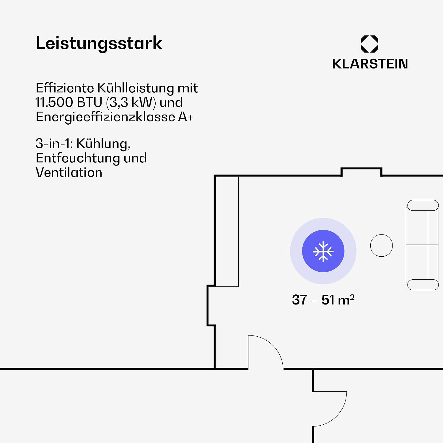 Klarstein Kraftwerk Eco Smart 11 Mobiles Klimagerät – 11,500 BTU, 35-59 m², WiFi & App-Steuerung, 3-in-1 Klimaanlage, Ventilator & Entfeuchter, Leise 50 dB, A+ Effizienz, Fensterkit Inkl., Weiß