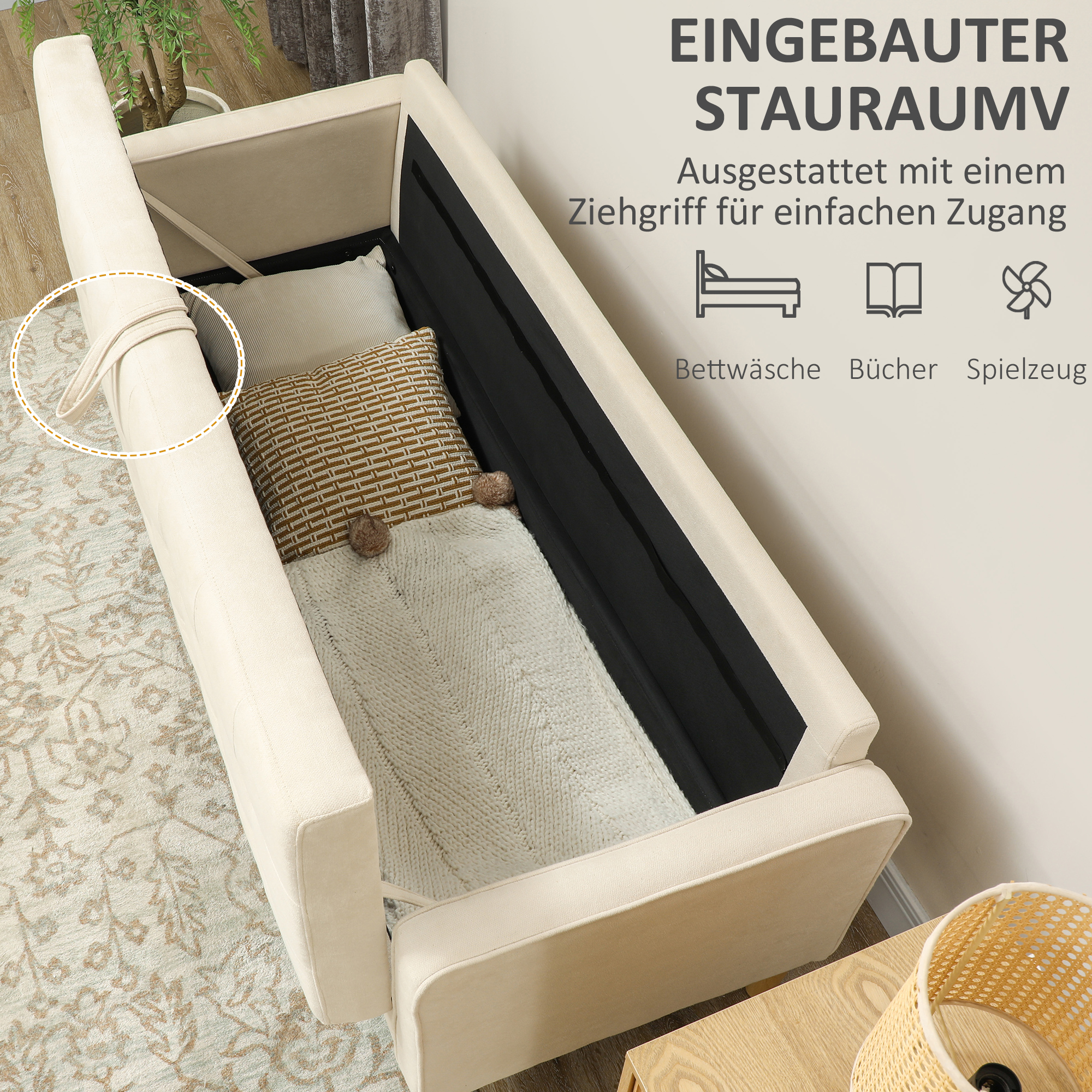 3-Zits Sofa met Opbergruimte, Knoopstiksel, Gepolsterde Bank, 166,5 x 62 x 82 cm, Cr��mewit