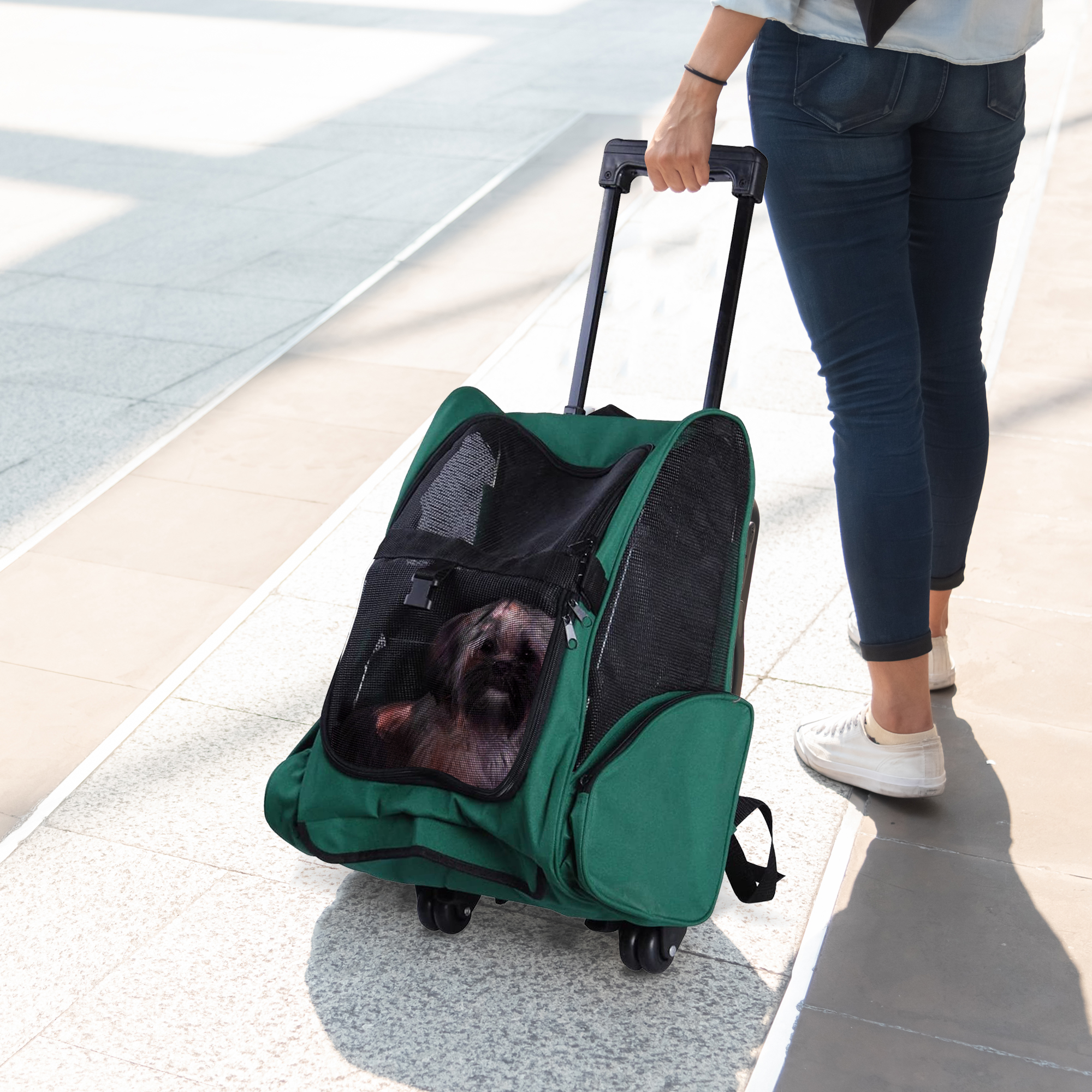 PawHut Transportrucksack 2-in-1 für Hunde und Katzen mit Seitentaschen, Teleskopgriff und Rädern, 42x25x55cm, Grün