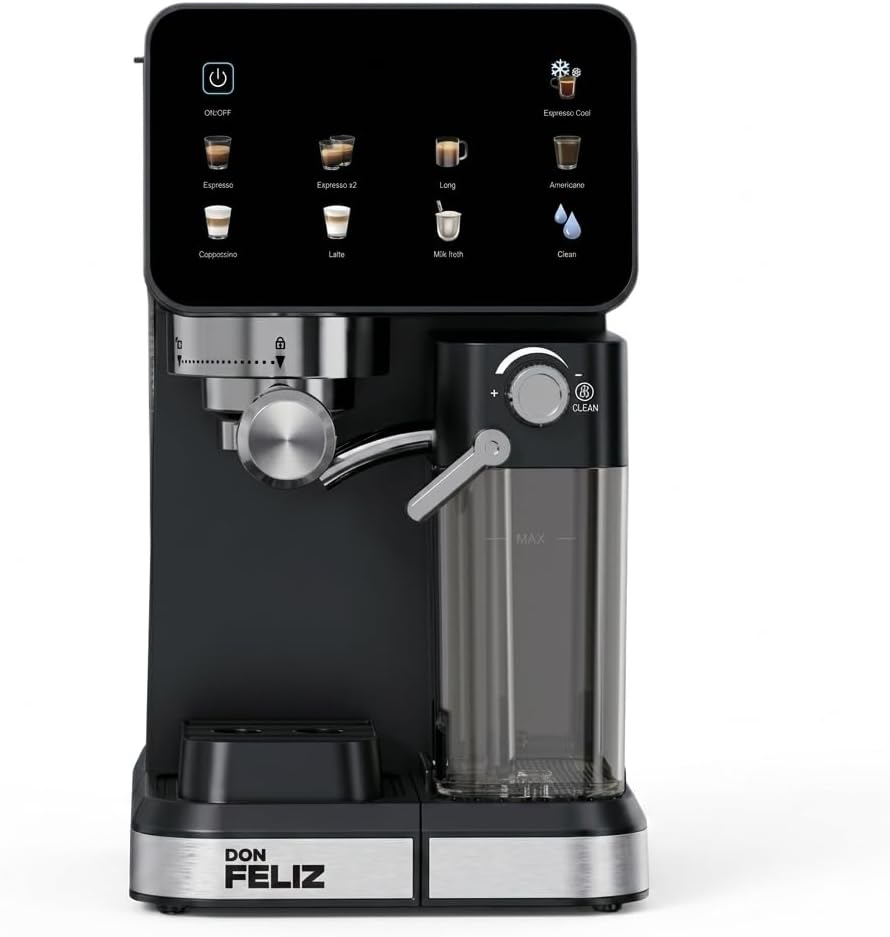 Don Feliz Macchina da caffè espresso semiautomatica, 20 bar, 1350 W, con display LCD, serbatoio del latte da 500 ml, serbatoio dell'acqua da 1,5 l, compatibile con Nespresso, Cappuccino, Americano
