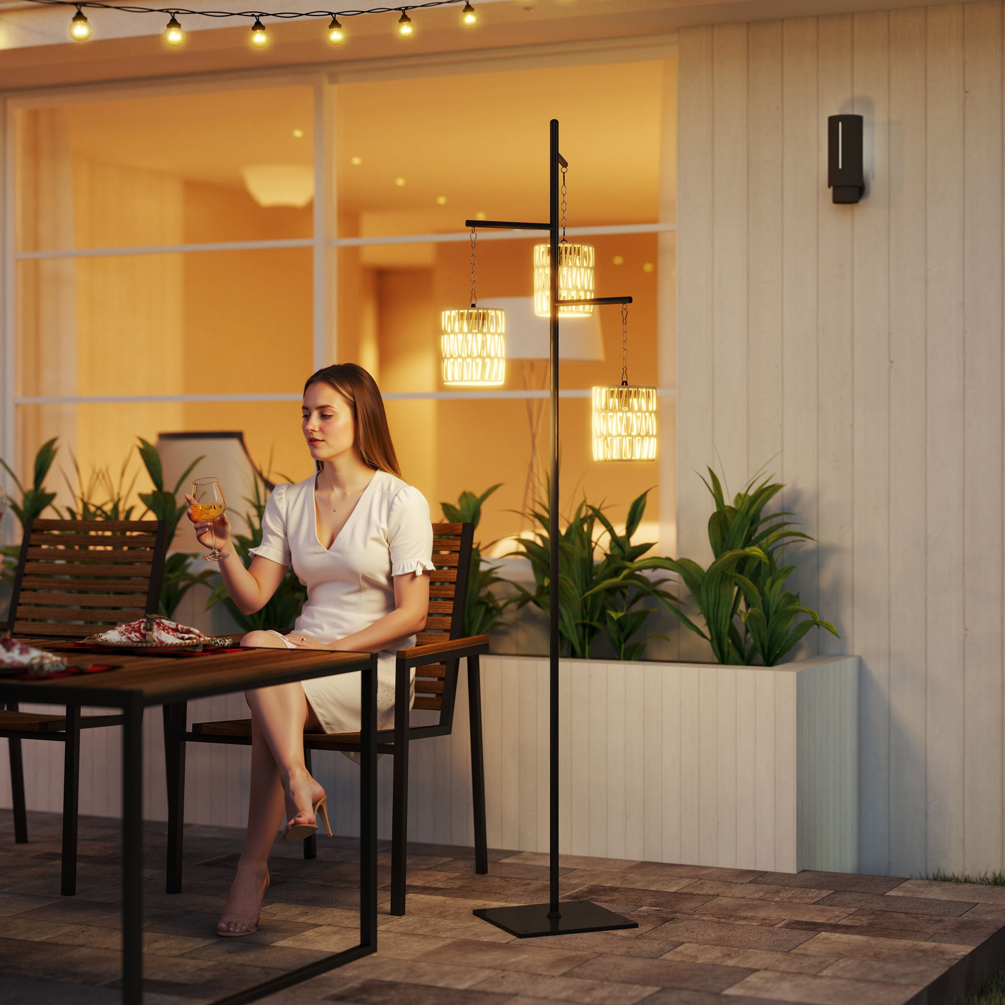 Outsunny Solar Stehlampe Rattan Solarlampen mit Lichtsensor 3 Lichten Automatisch im Boho-Stil IP44 Wasserdicht