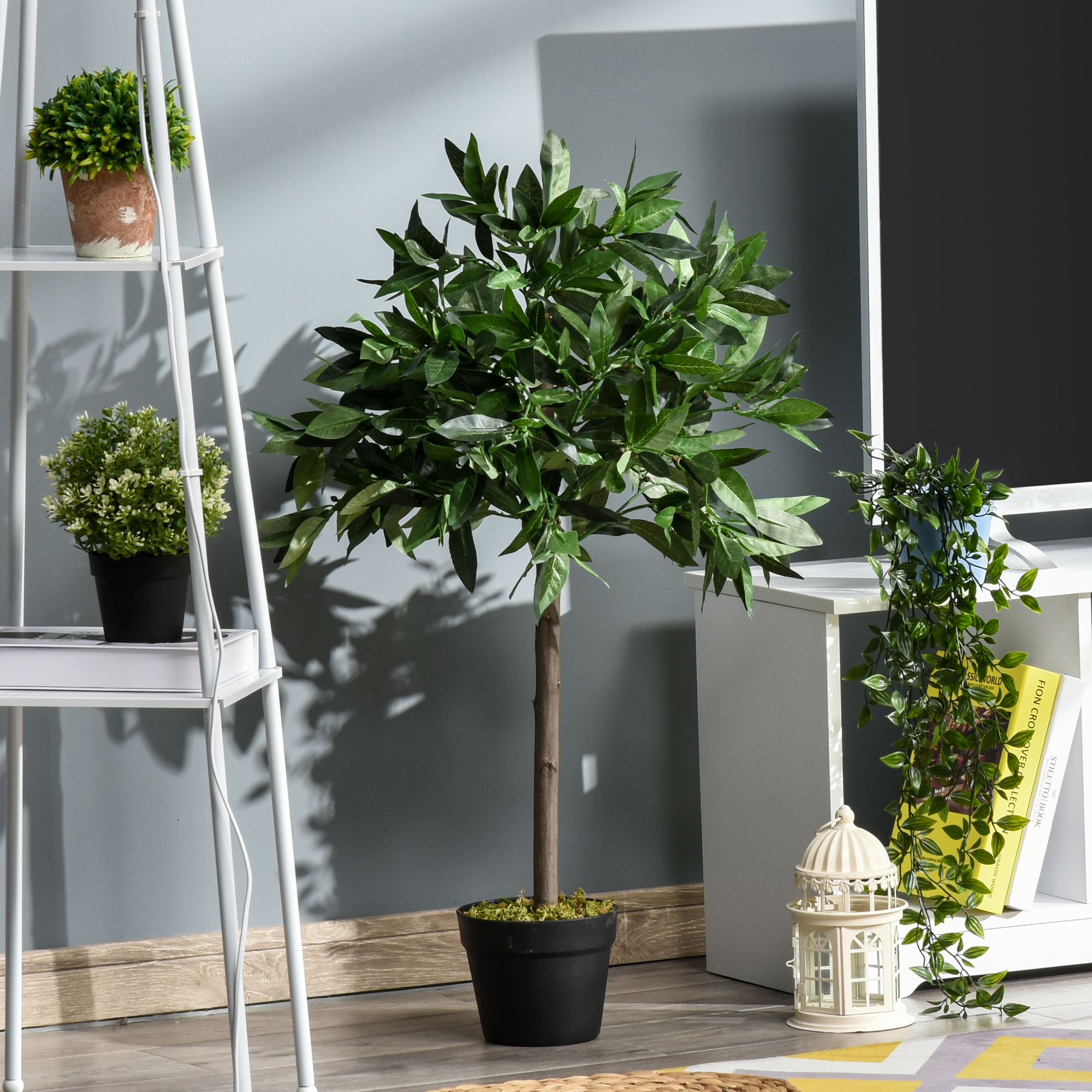 Outsunny 2er-Set Künstlicher Lorbeerbaum, 90 cm, Kunstpflanzen im Zementtopf, Kunststoff-Pflanzen für drinnen und draußen, Grün