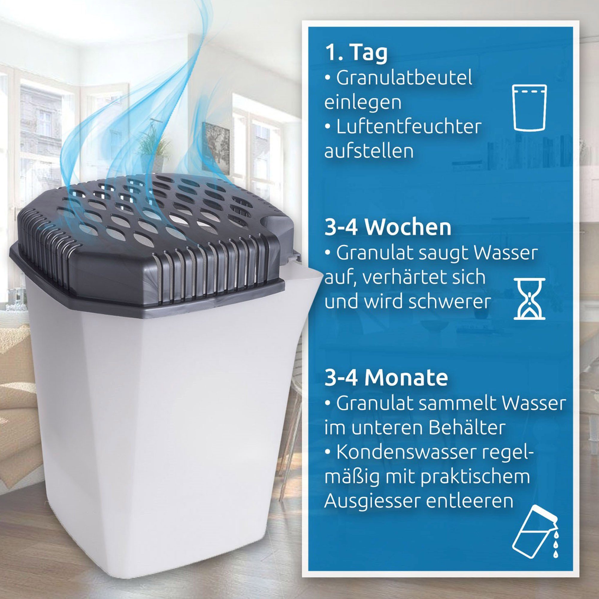 Granulat-Luftentfeuchter mit Ausgießer inkl. 2x 680 g Nachfüllpacks