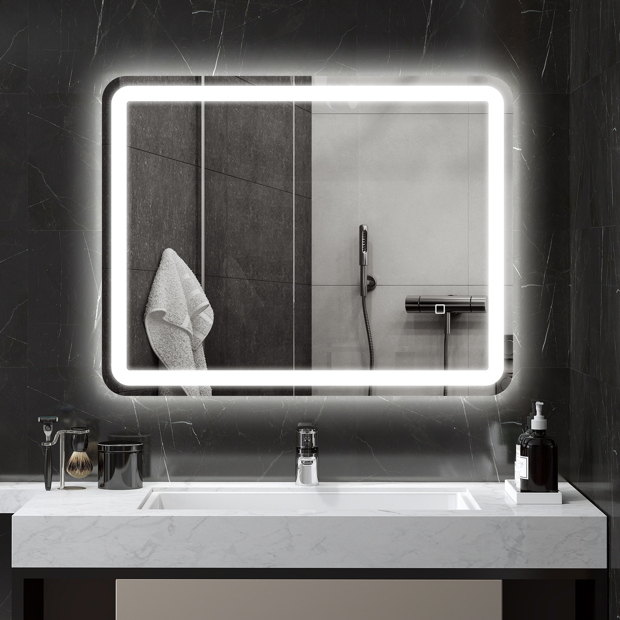 HOMCOM Rechteckiger LED-Badezimmerspiegel mit Anti-Beschlag-Funktion, einstellbarer Helligkeit, Speicherfunktion 70 x 90 cm Silber
