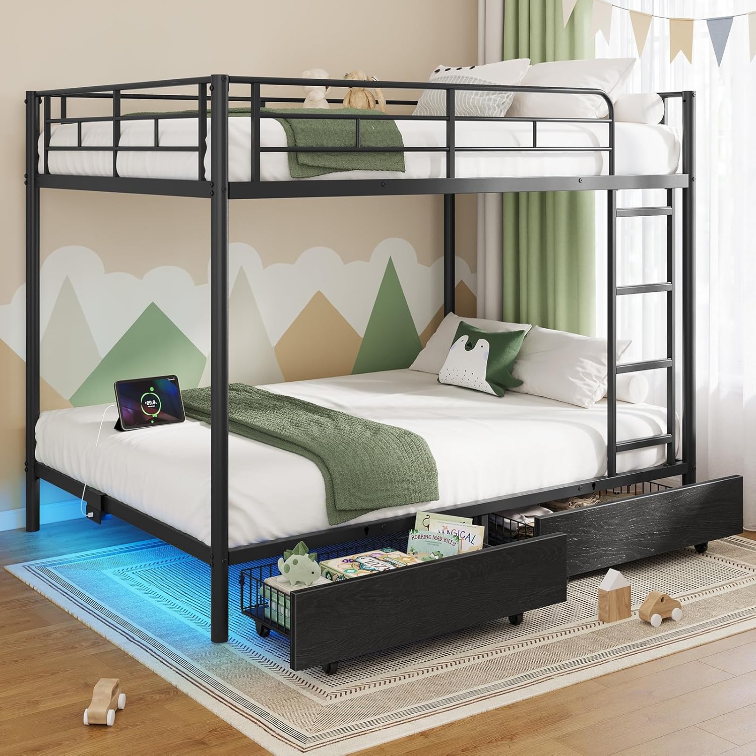 Rolanstar Full Over Full Metal Bunk Bed with USB & LED, Black