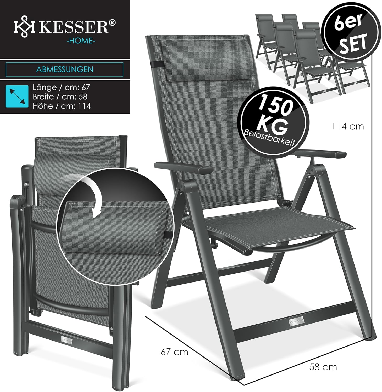 KESSER® Gartenstuhl Hochlehner mit Armlehnen 6er Set Aluminium Klappstuhl mit Kopfkissen & Abdeckung Campingstuhl 7-Fach Verstellbar Rückenlehne Atmungsaktiv Wetterfest Klappbar Anti-Rutsch, Anthrazit