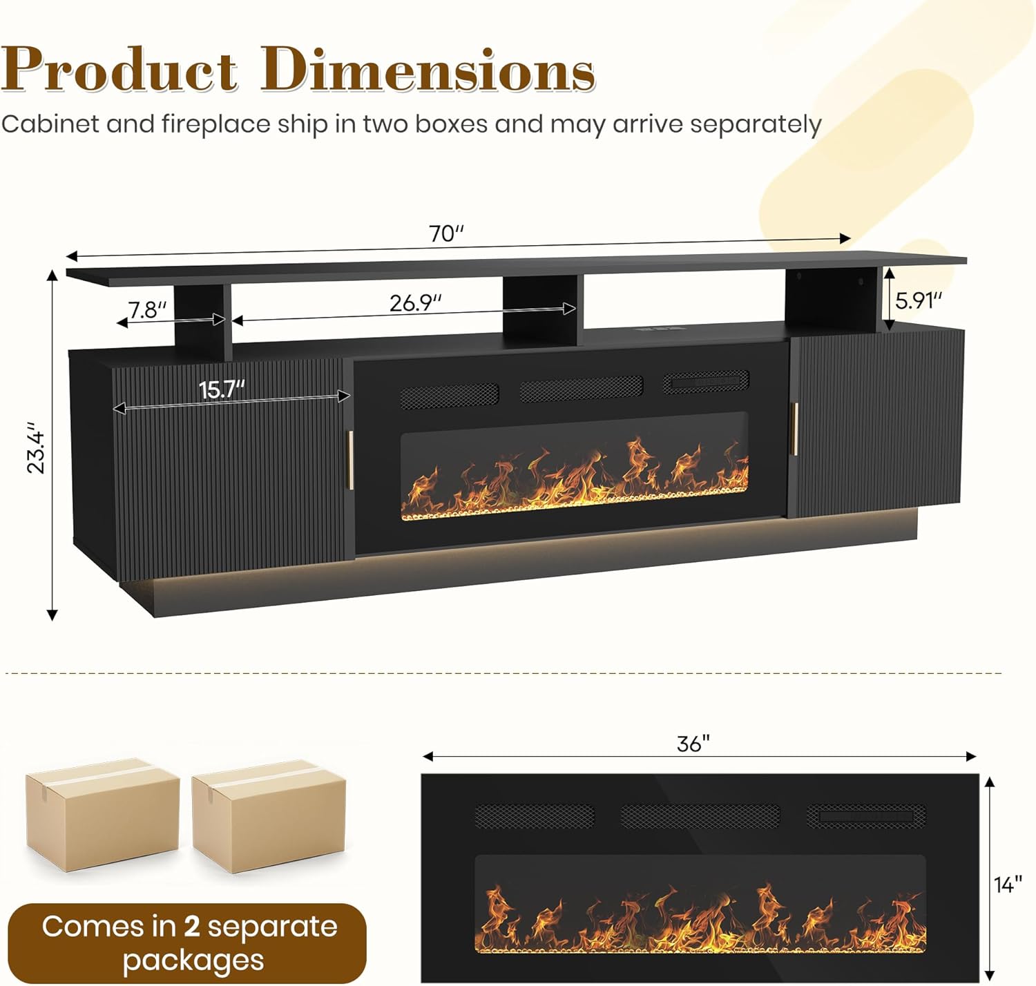 70” Fluted TV Stand with 36” Electric Fireplace, 2 Tier TV Console Cabinet with Storage Cabinet, LED Lights, Power Outlet, Modern Wood Entertainment Stand Fits TVs up to 80