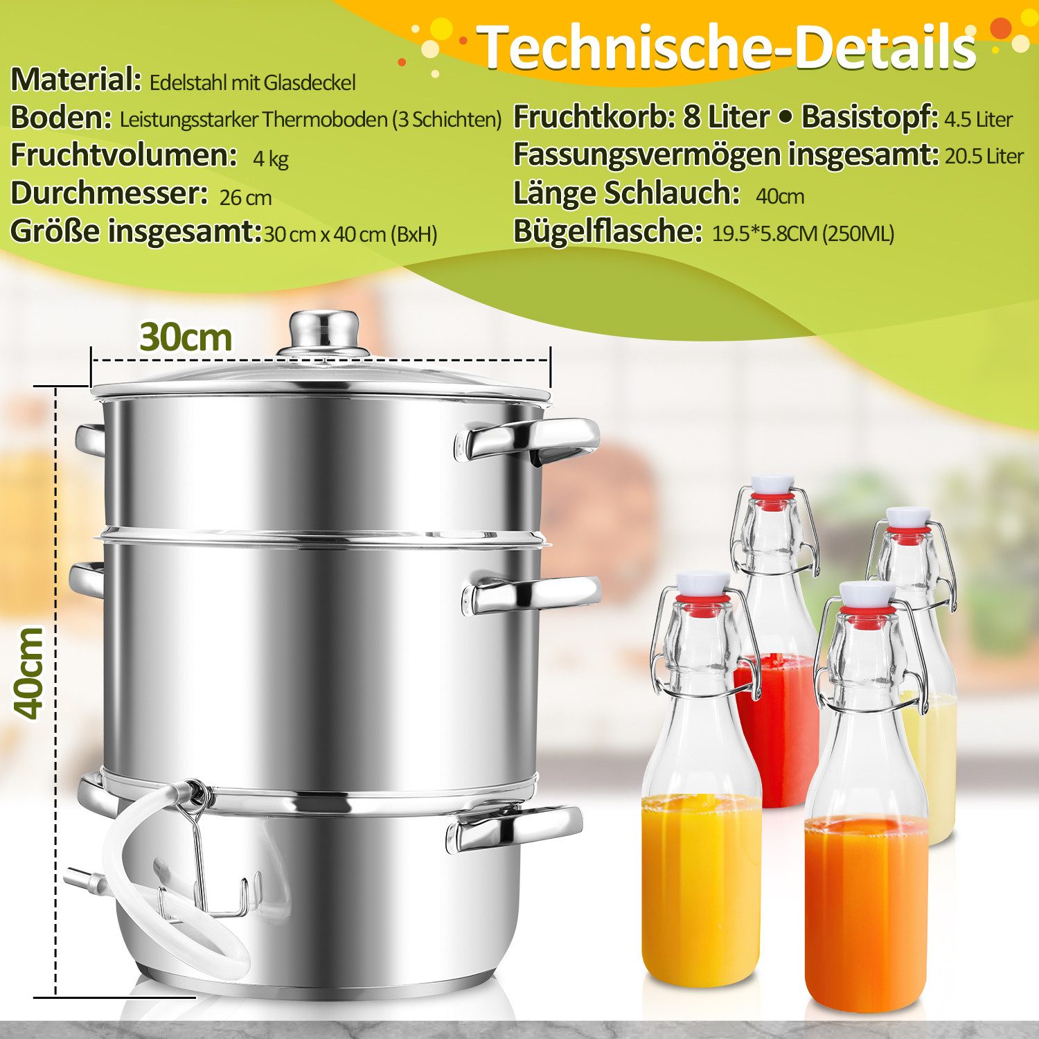 Entsafter 8L Dampfentsafter Edelstahl Induktion Saftpresse Obst und Gemüse