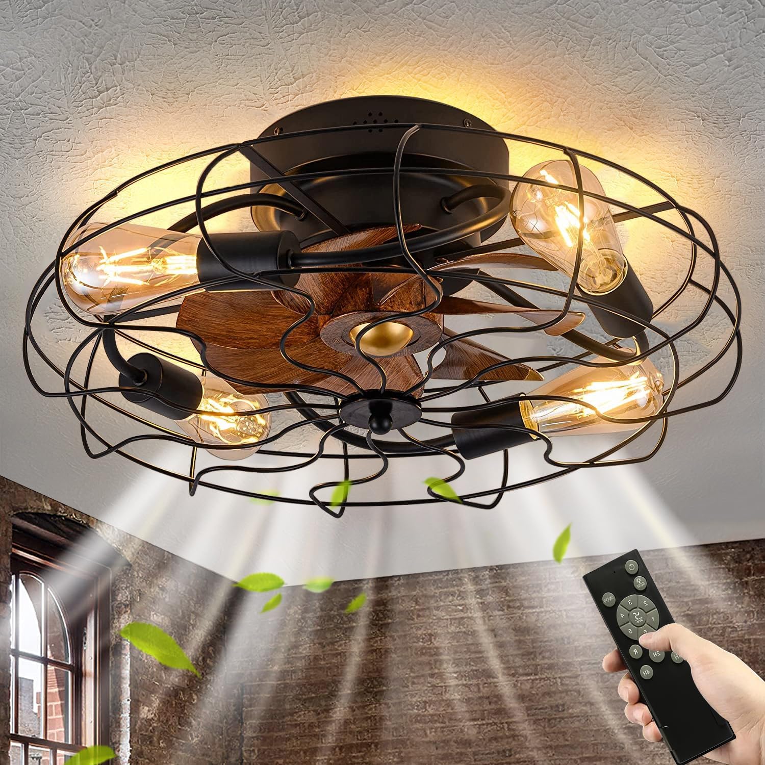 Deckenventilator mit Licht Retro LED Deckenleuchte mit Ventilator und Fernbedienung Industrial Deckenlampe E27 Vintage Cage Fan Lamp für Schlafzimmer