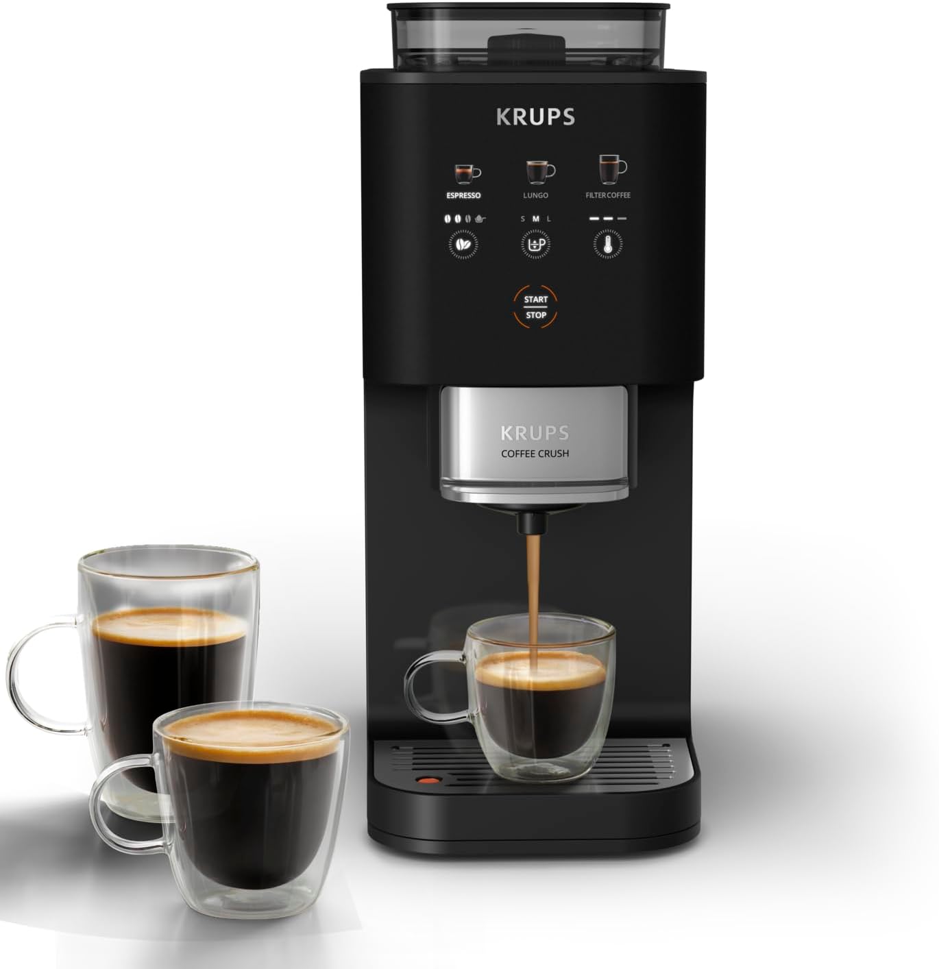 Krups Coffee Crush Extra Kaffeevollautomat, Edelstahlmühle für frisch gemahlenen Kaffee, nur 15 cm breit, smartes Bedienfeld, auch für vorgemahlenen Kaffee, einfache Reinigung, Schwarz, SA4028E0
