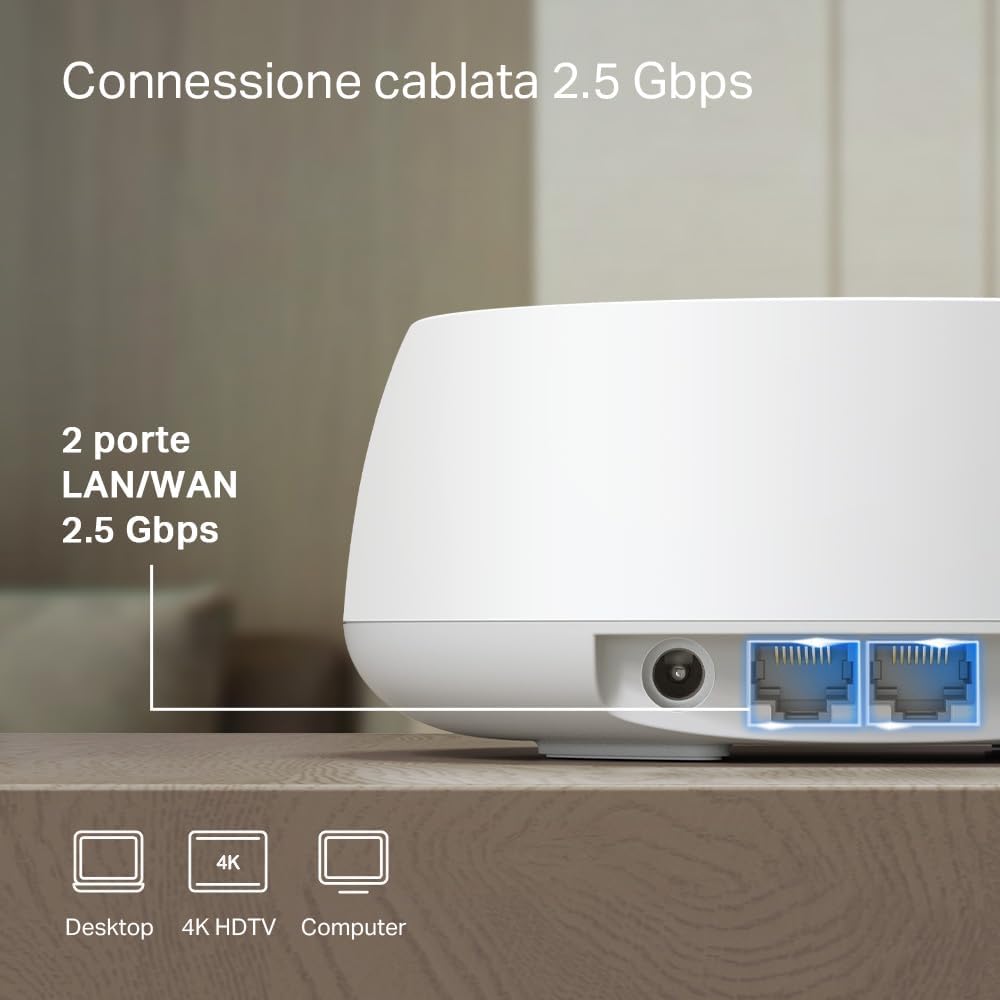 TP-Link WiFi 7 Deco BE25 Mesh WiFi, BE3600Mbps Dual-Band, Router, AP, 2 Porte Ethernet di 2,5 Gbps, 4 Antenne Interne, MLO, AI-Roaming, HomeShield, Funziona con Qualsiasi ISP, Modem e Alexa, 3pz
