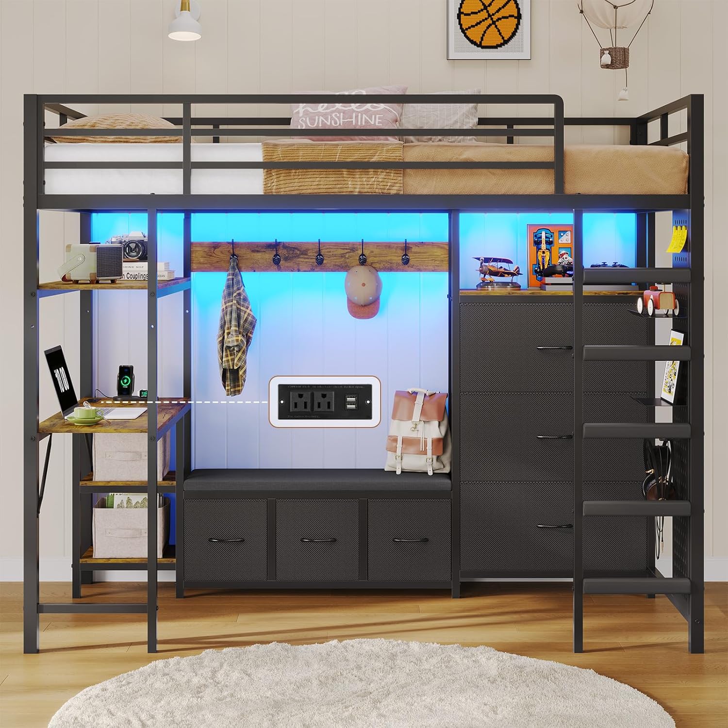 DICTAC Loft Bed Twin Size with 6 Storage Drawers,Coat Rack and Open Shelves Metal Twin Loft Bed with Desk,Charging Station and LED Light,loft beds with Large Pegboard,Stairs and Safety Guardrail,Black