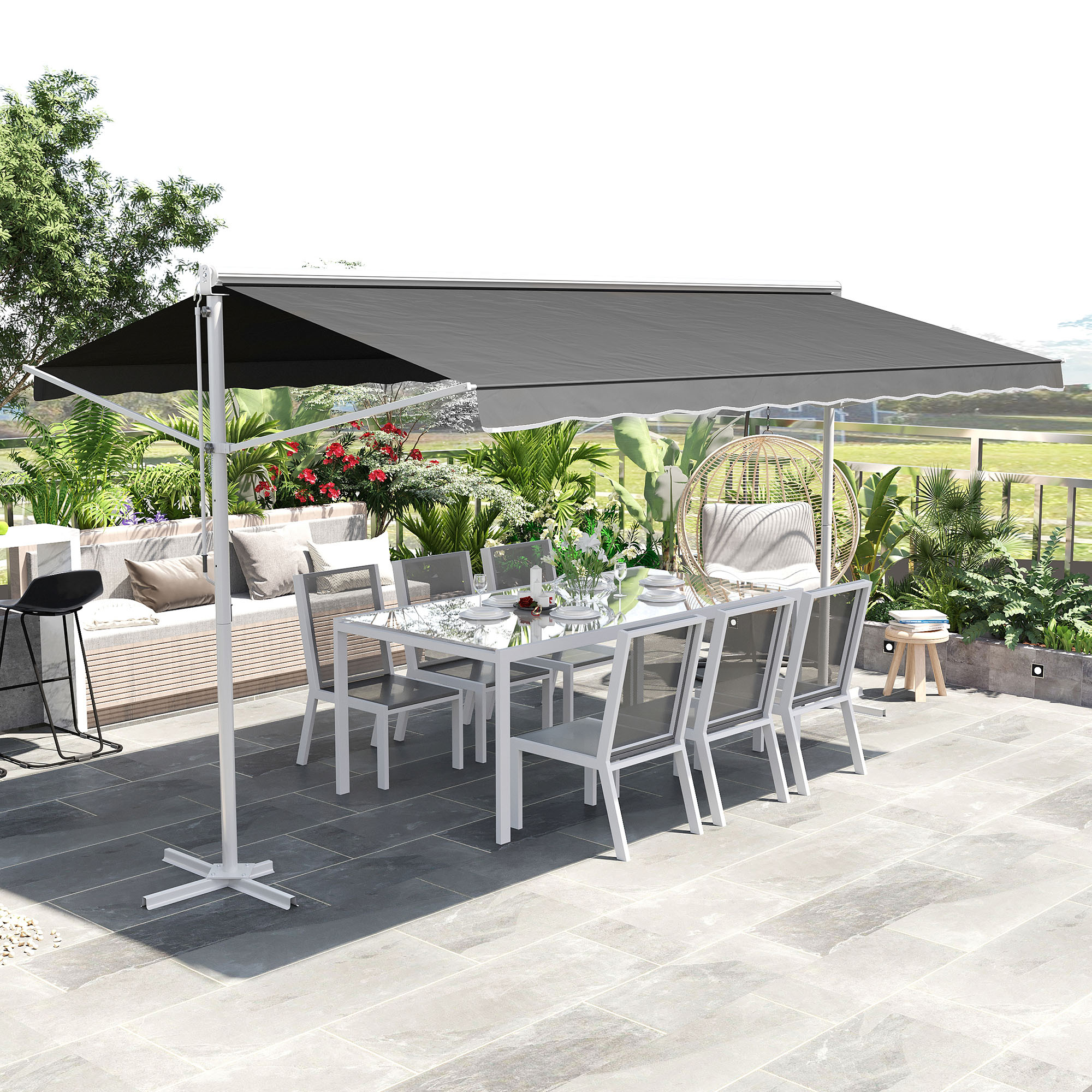Outsunny Standmarkise Markise 4,5 x 3,4m Terrassenüberdachung Gartenmarkise mit Faltarm Kurbel Terrasse Grau Alu Metall