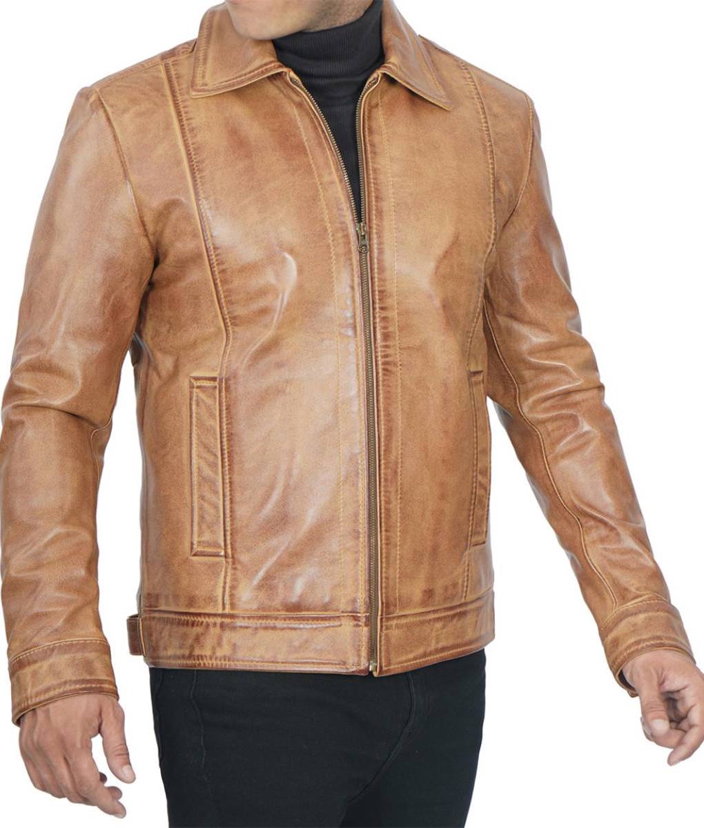 Mens Waxed Yellow Casual Vintage Leather Jacket