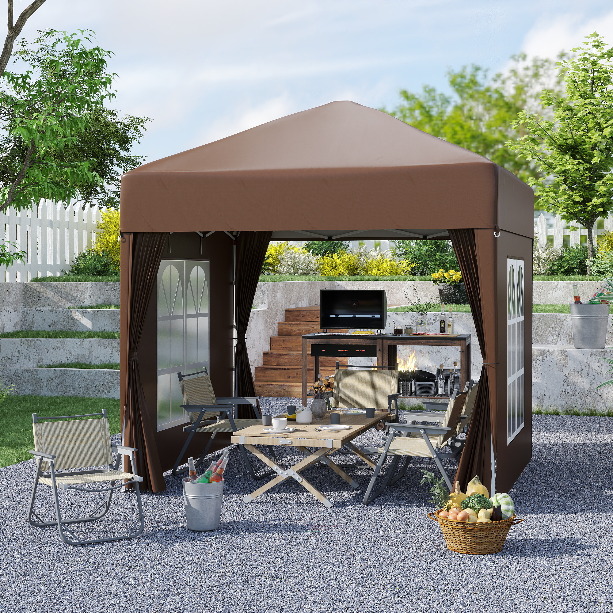 Outsunny Faltpavillon, Bierzelt, 4 abnehmbare Seitenwände, 2 Fenster, Metallrahmen, 2 x 2m, Braun