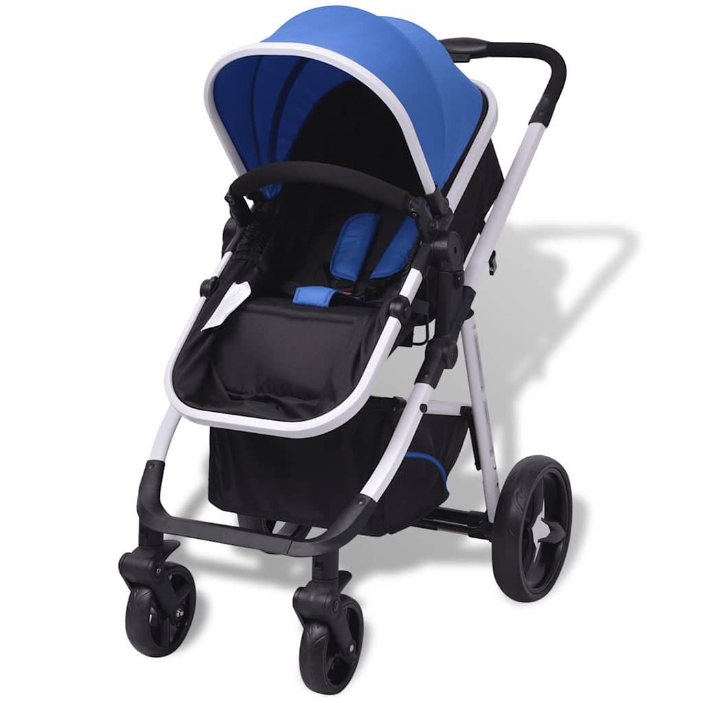 Kinder-Buggy 3-in-1 Kinderwagen Aluminium Blau und Schwarz
