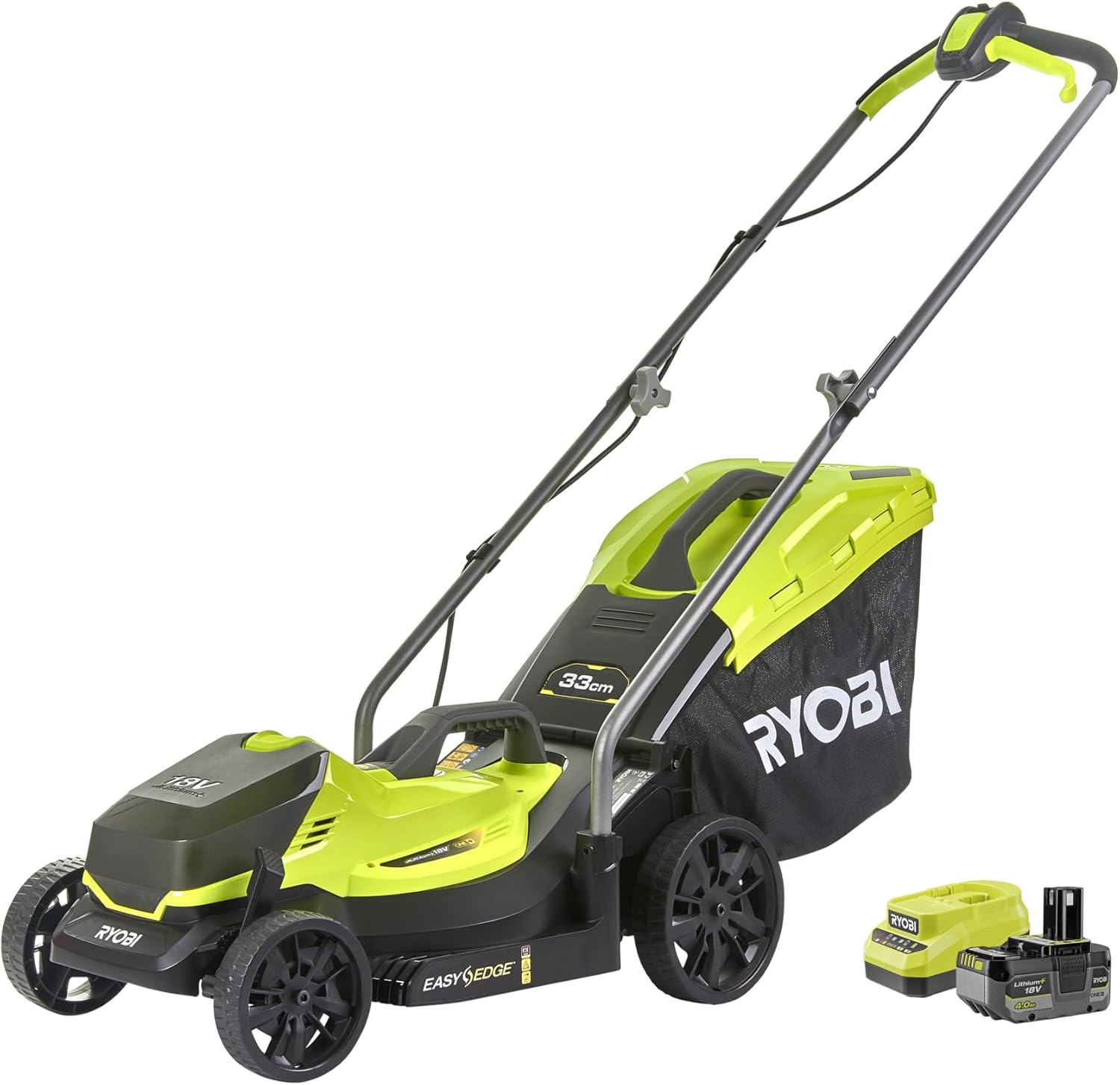 RYOBI 18 V ONE+ Akku-Rasenmäher RLM18X33B40 – 33 cm Schnittbreite, inkl. 4,0 Ah Akku & Ladegerät, kompakt & leicht für kleine Rasenflächen