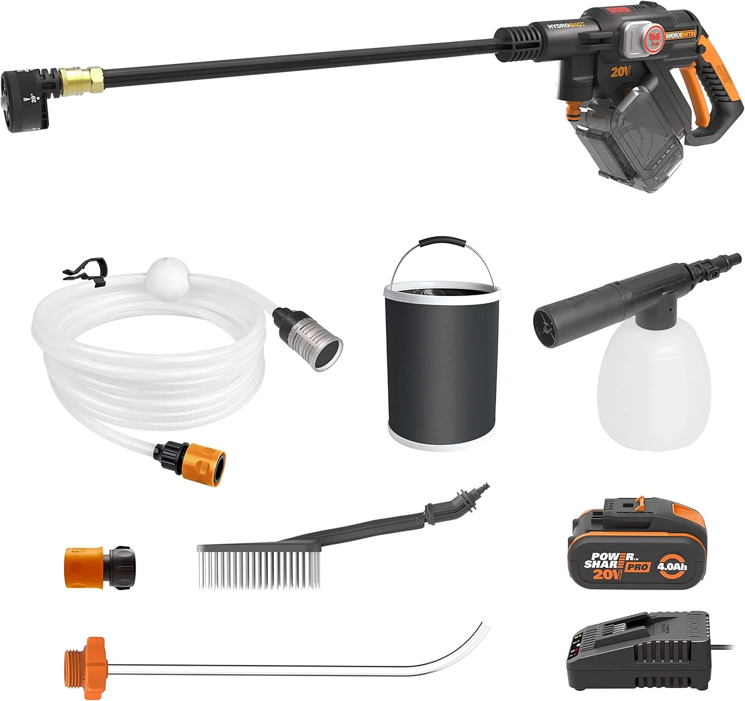 WORX Nitro 18V (20V MAX) Hydroshot Accu-Hogedrukreiniger WG633E.1, PowerShare, Terras- en Autoreiniging, Max. 56 Bar, 220L/H, met Accessoires, 4,0 Ah Accu & Lader, Oranje & Zwart