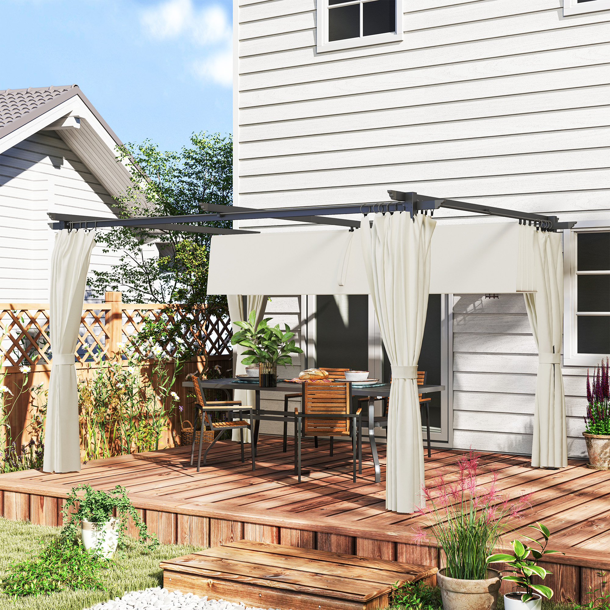 Outsunny Gartenpergola im Freien 3 x 4 m, ausziehbares Dach und Vorhänge, UV-Schutz UPF30+, für Grillfeste, Terrasse, Terrasse, Creme