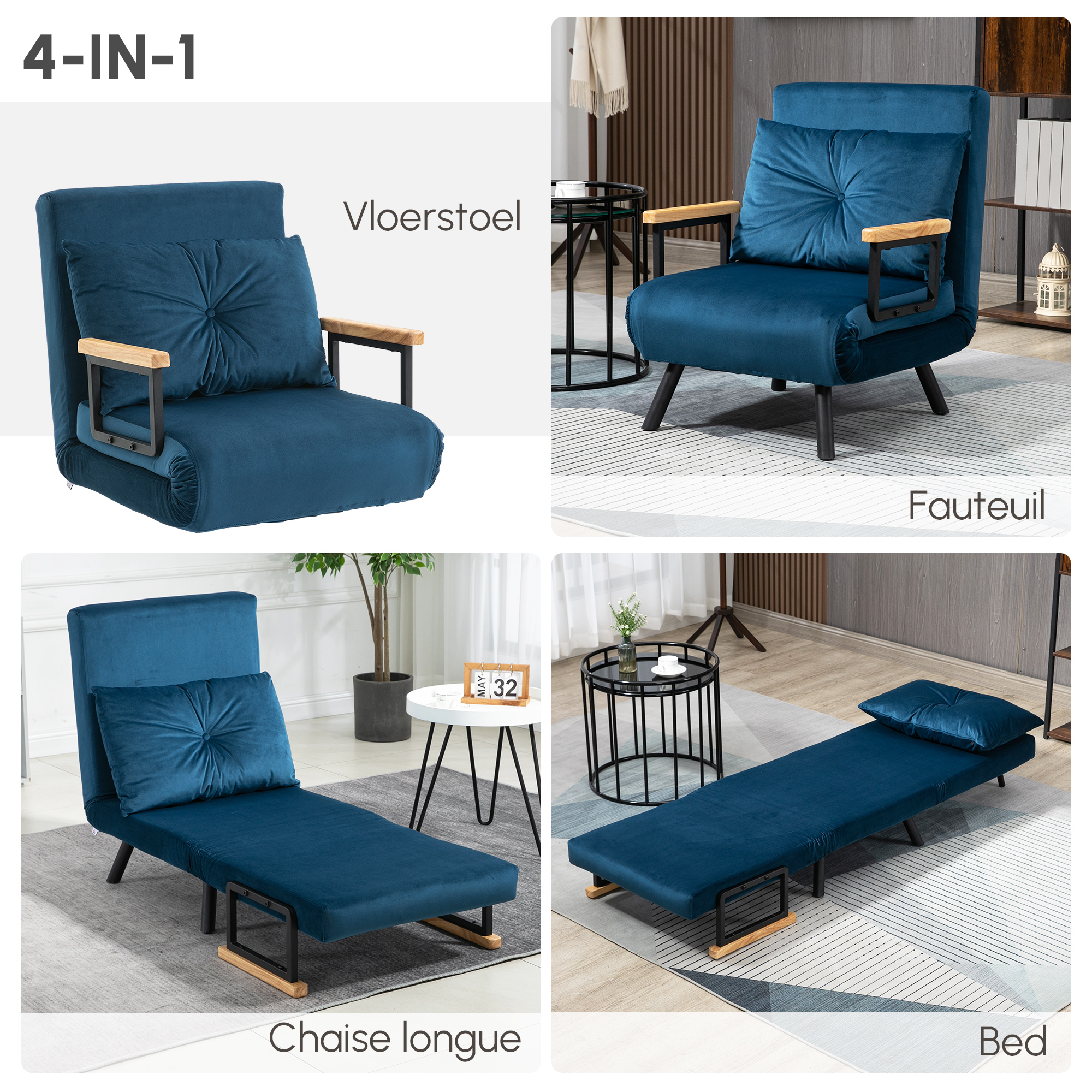 Relaxstoel Ligstoel Fluweel, Ligfunctie, Fluweel, 63 cm x 73 cm x 81 cm, Blauw