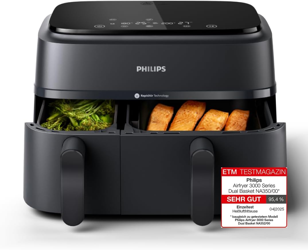 Philips Airfryer 4000 Series Stacked Dual Basket, Stacked Hot Air Fryer, 2 Chambers, 10L, RapidAir Technology, 45% Less Space, PFAS-Free Ceramic Coating, Viewing Window (NA460/00)