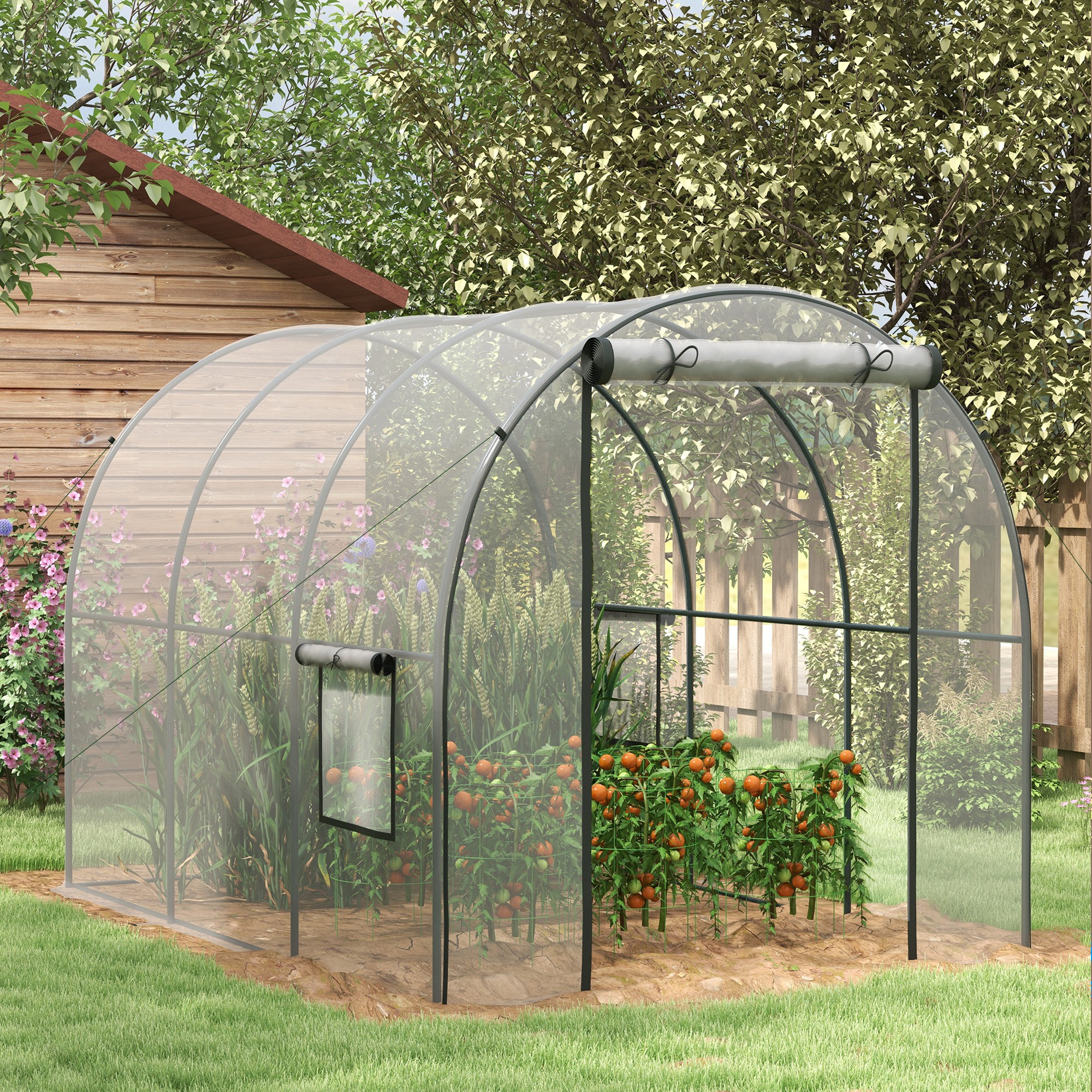 Outsunny Garten-Tunnelgewächshaus 6 m² 3L x 2B x 2H m verstärkter Rohrrahmen Rolltor 2 aufrollbare Fenster - transparent