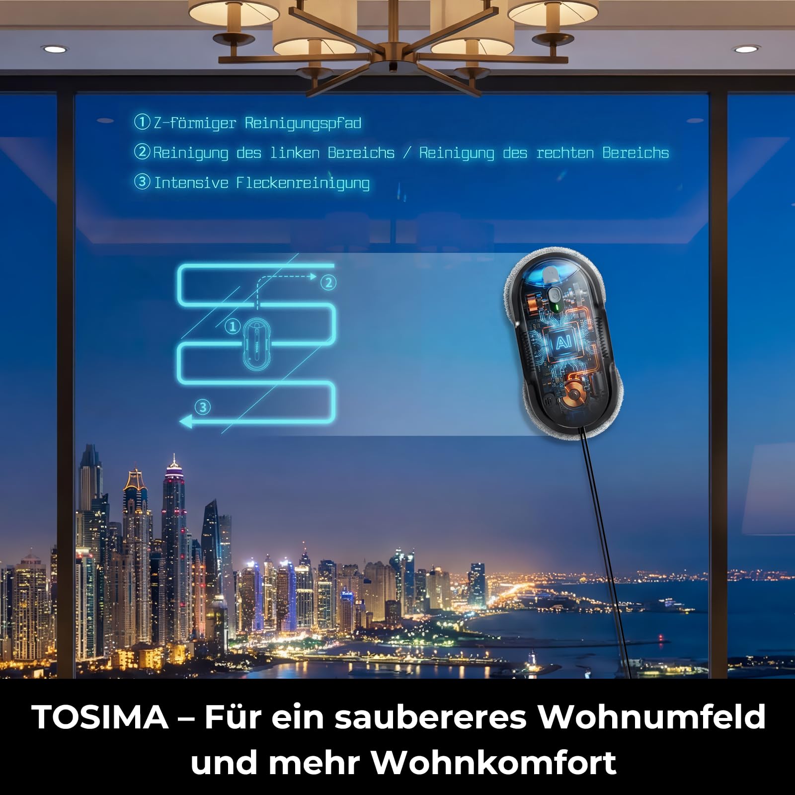 Fensterputzroboter X1 mit Doppeldüsen und Ultraschall-Wasserzerstäubung, 85-ml-Wassertank mit Sichtfenster, 3200 Pa Saugkraft und Notstrom-Akku